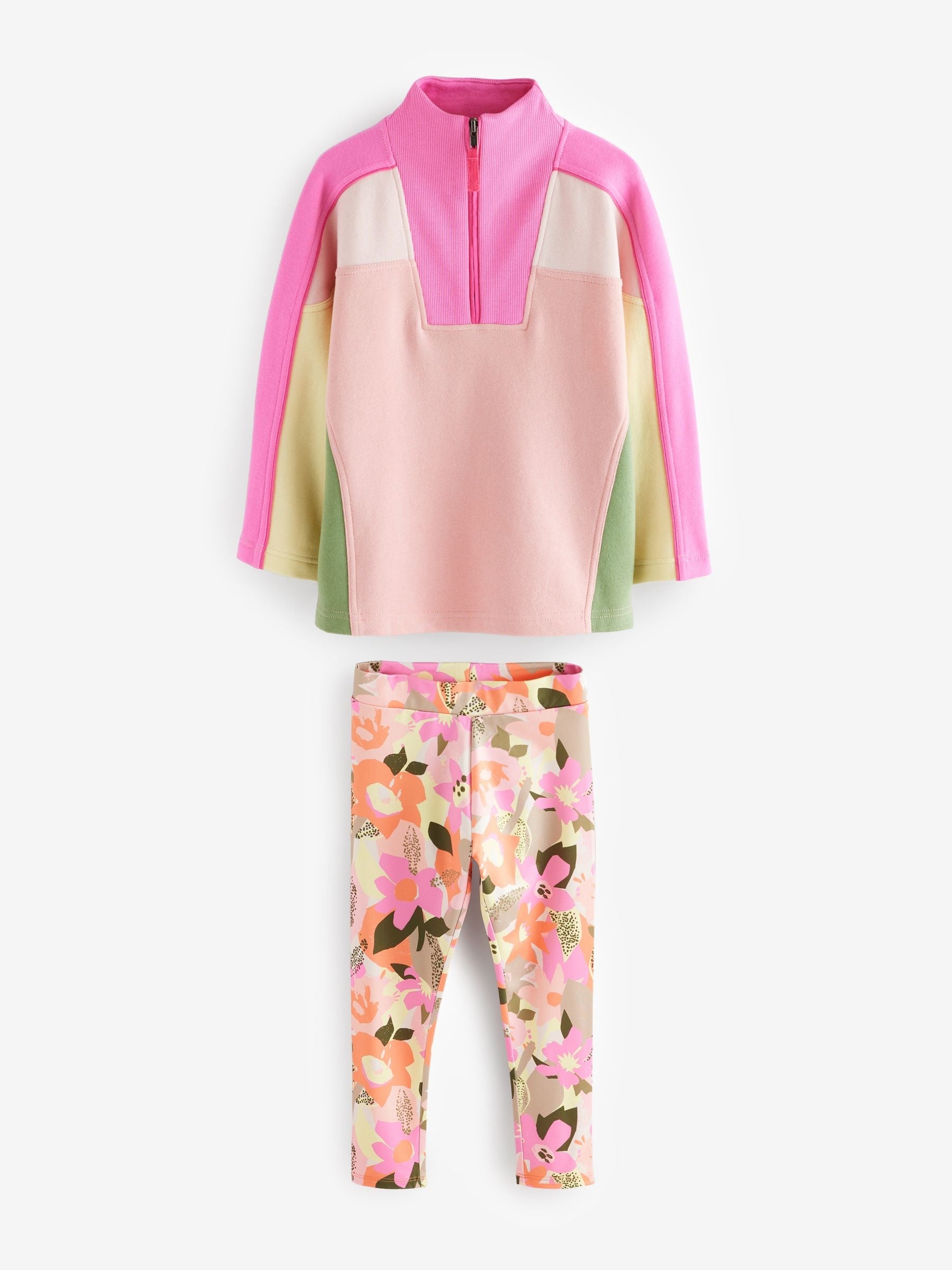 Pink Colourblock Half Zip Sweatshirt And Leggings Set (3-16yrs)