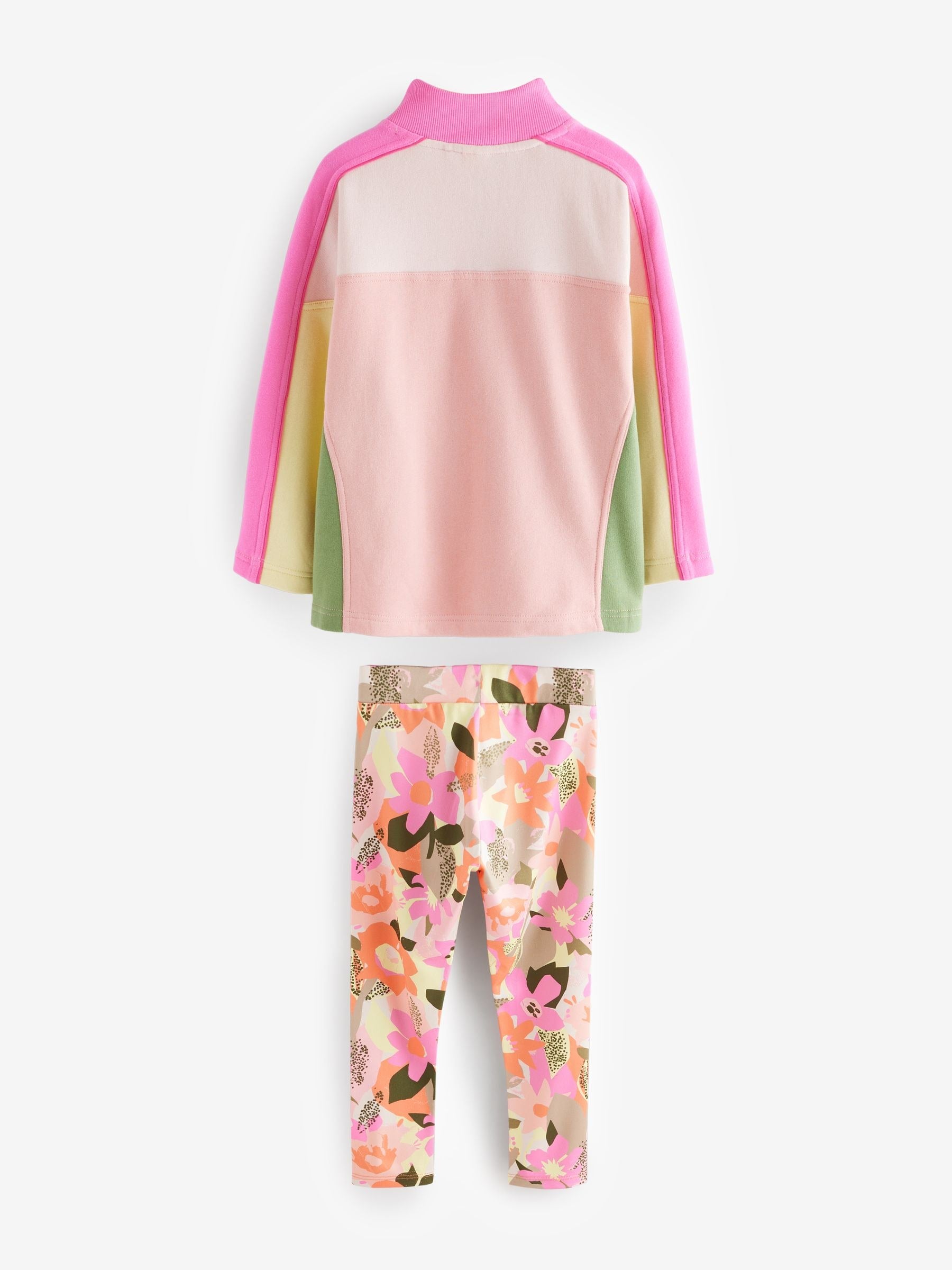 Pink Colourblock Half Zip Sweatshirt And Leggings Set (3-16yrs)