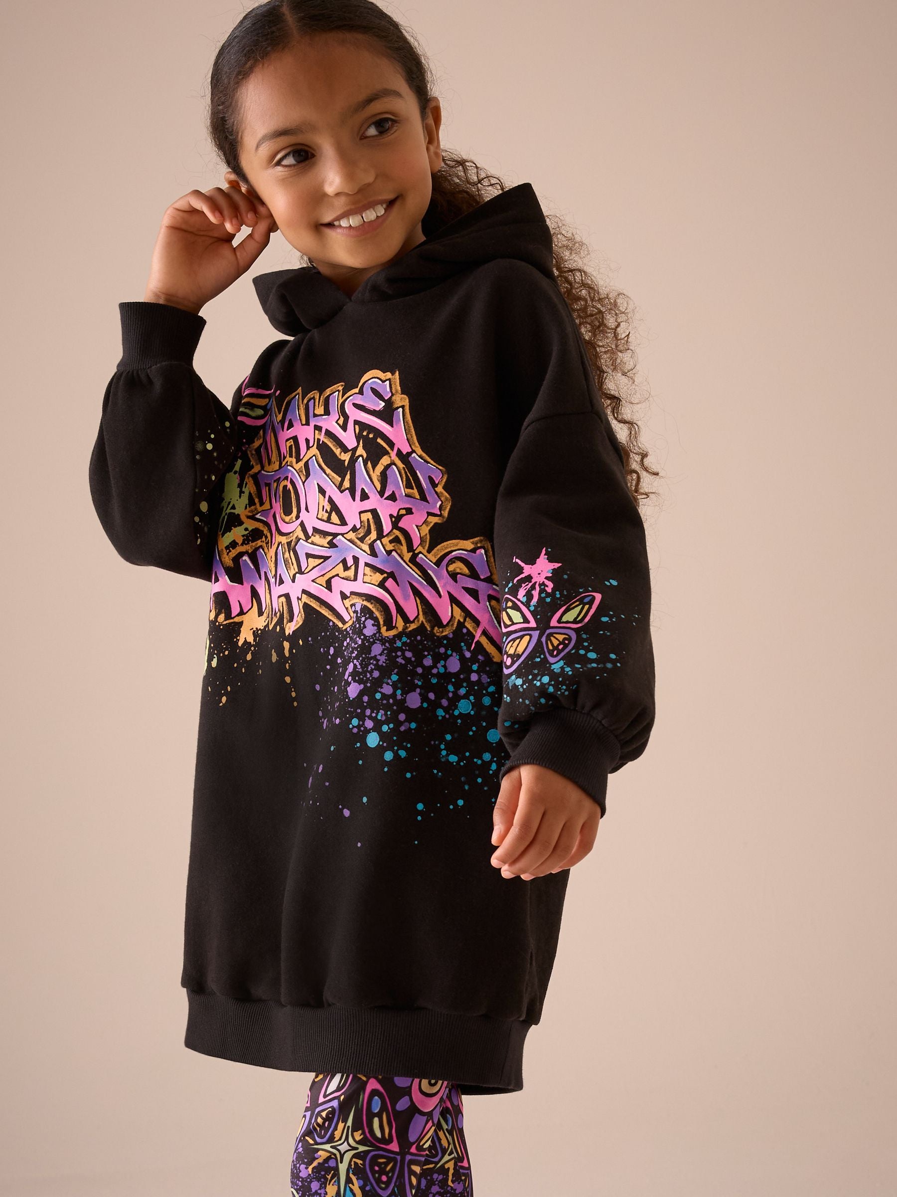 Black Graffiti Hoodie And Leggings Set (3-16yrs)