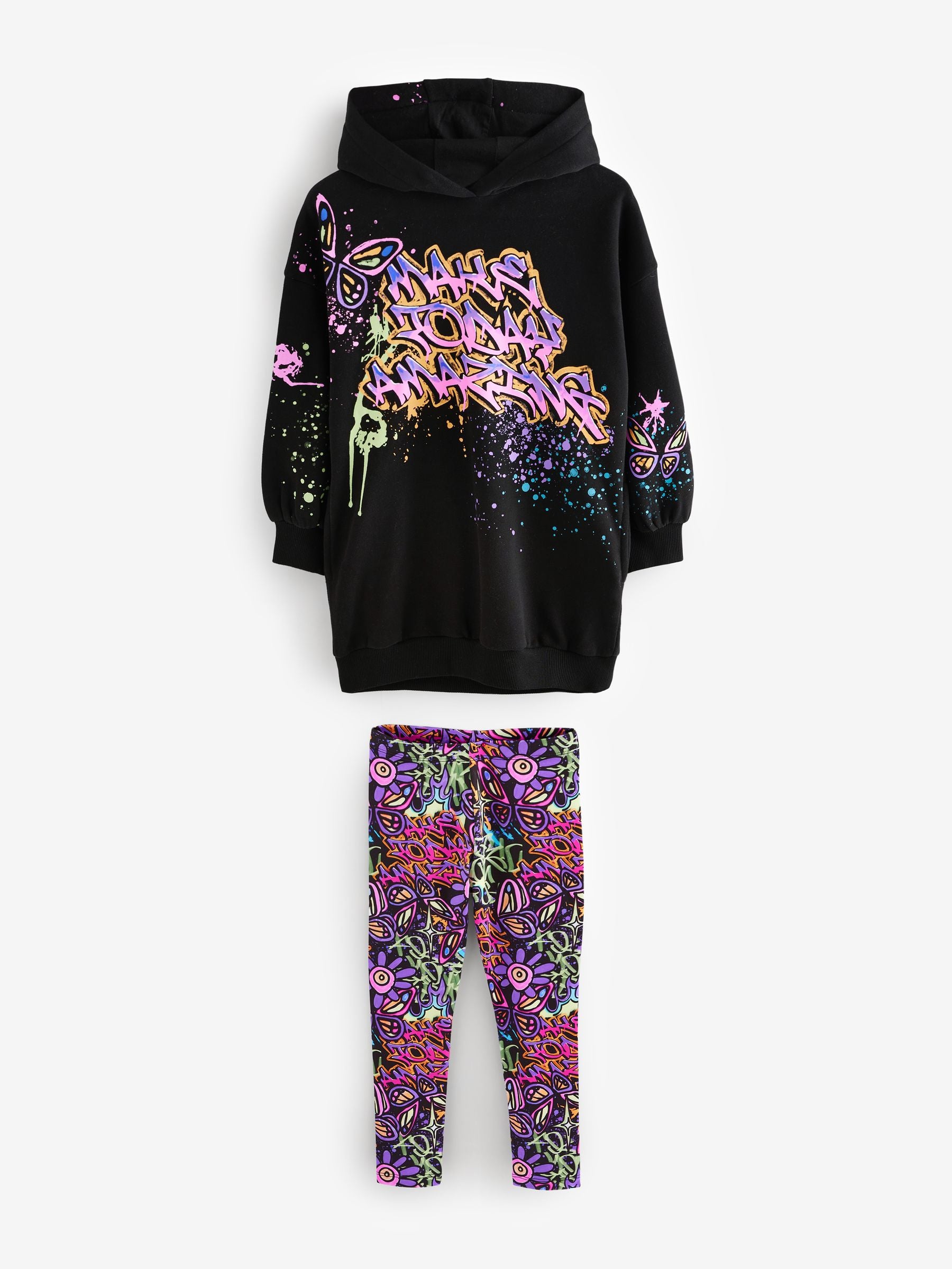 Black Graffiti Hoodie And Leggings Set (3-16yrs)