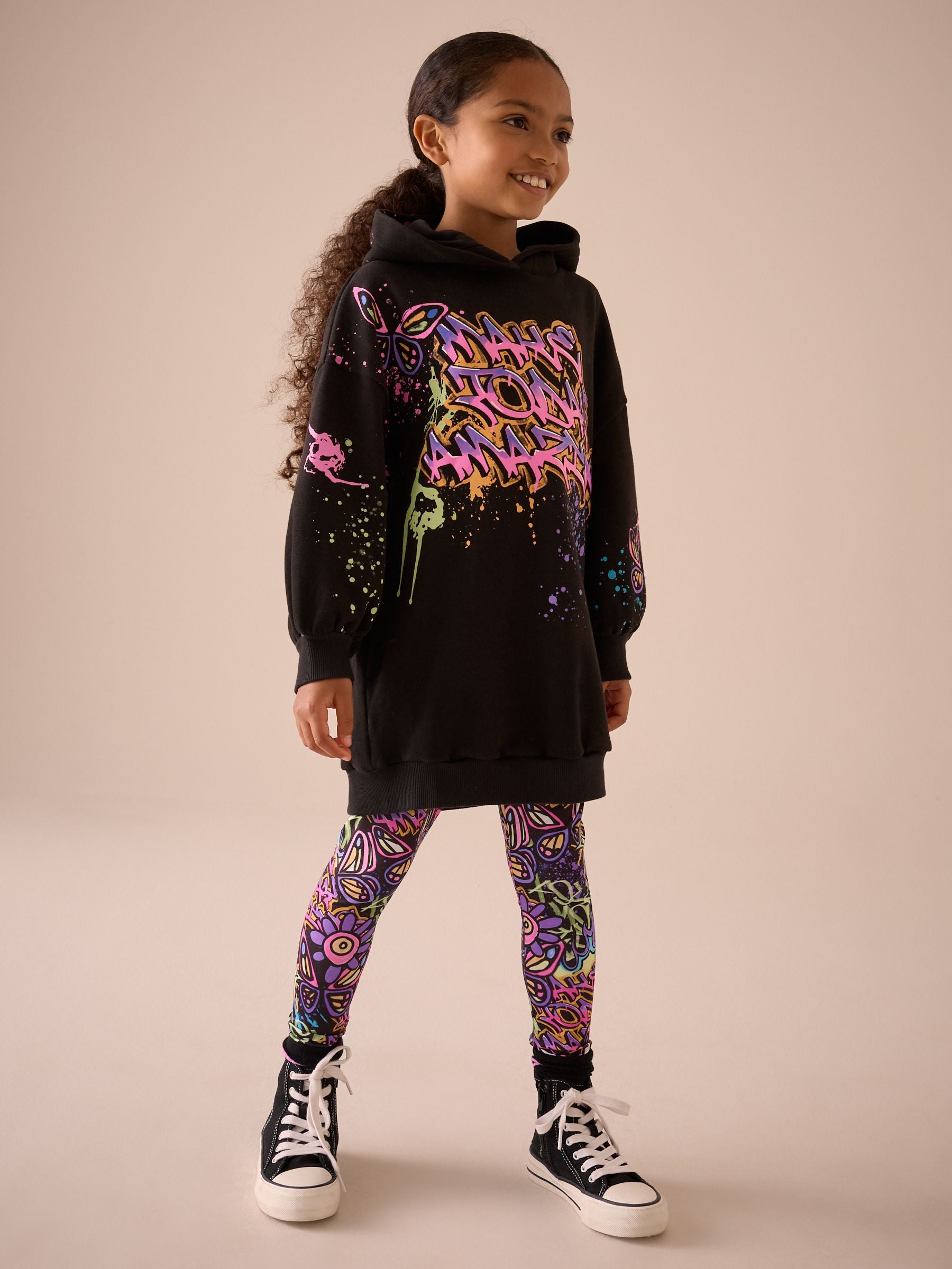 Black Graffiti Hoodie And Leggings Set (3-16yrs)