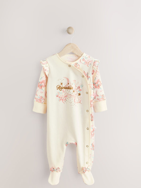 White Ground Baby Floral Print Ramadan 100% Cotton Sleepsuit (0mths-2yrs)