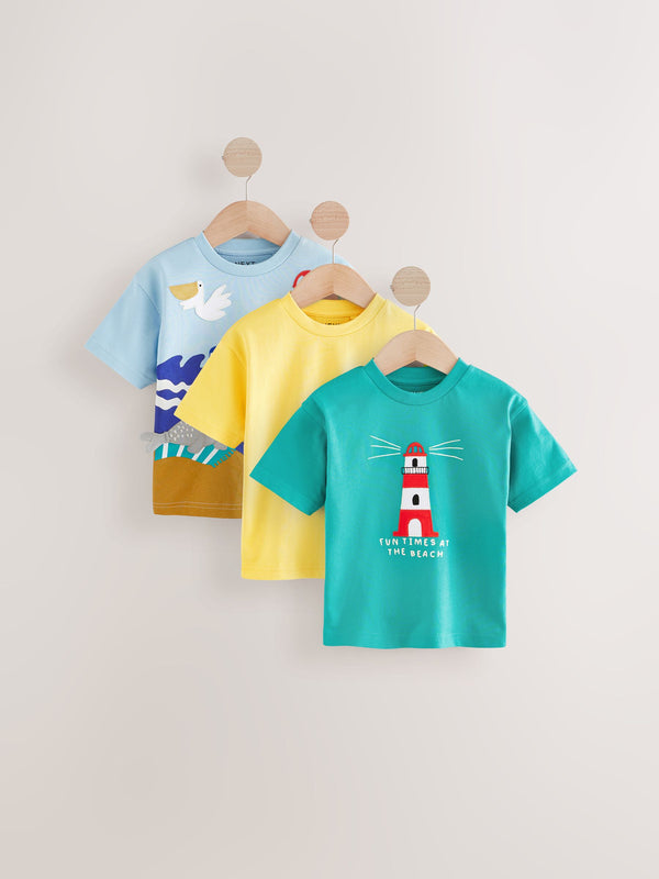 Blue/Yellow Seaside Short Sleeve Appliqu?© 100% Cotton T-Shirts 3 Pack (3mths-7yrs)