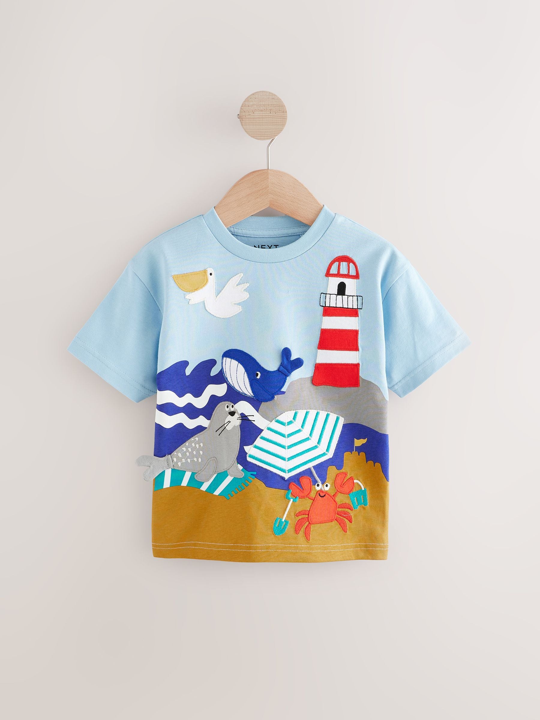 Blue/Yellow Seaside Short Sleeve Appliqué 100% Cotton T-Shirts 3 Pack (3mths-7yrs)