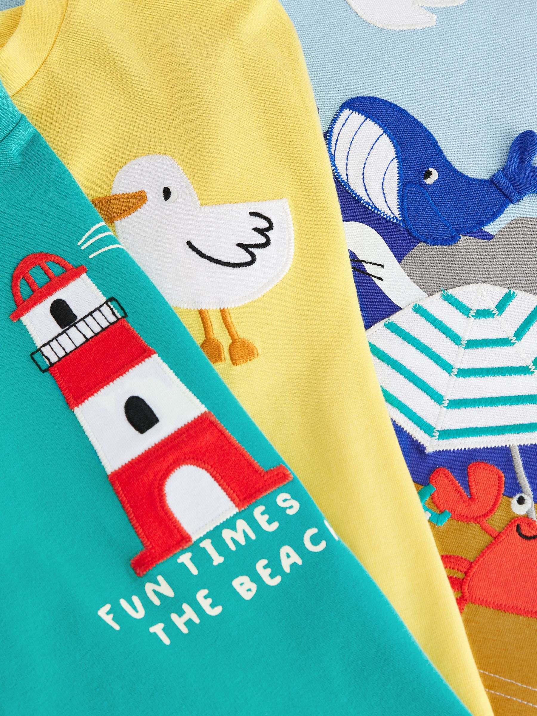 Blue/Yellow Seaside Short Sleeve Appliqué 100% Cotton T-Shirts 3 Pack (3mths-7yrs)