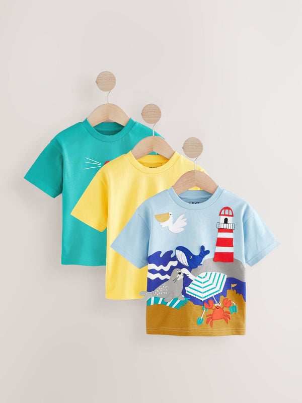 Blue/Yellow Seaside Short Sleeve Appliqué 100% Cotton T-Shirts 3 Pack (3mths-7yrs)