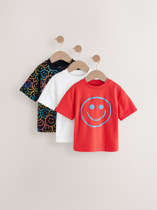 Multi Bright Happy Face Short Sleeve 100% Cotton T-Shirts 3 Pack (3mths-7yrs)