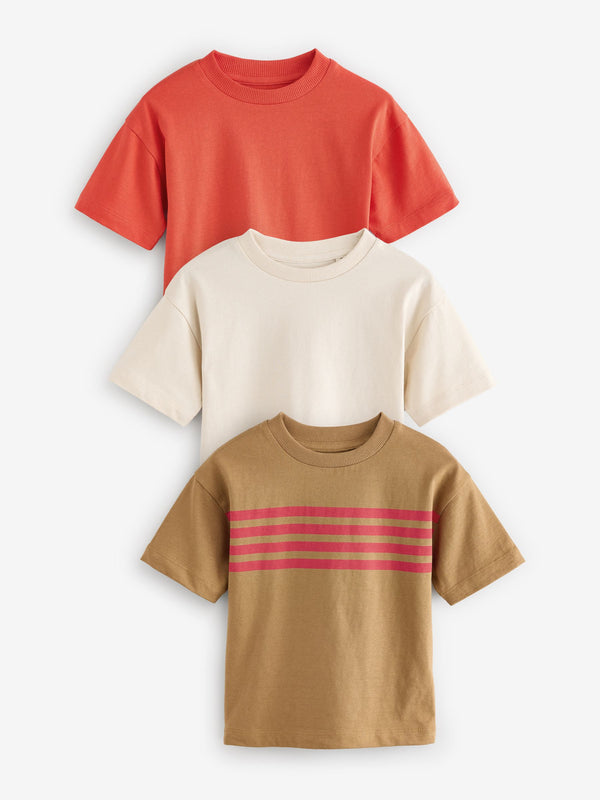 Red/Tan Stripe Short Sleeve 100% Cotton T-Shirts 3 Pack (3mths-7yrs)