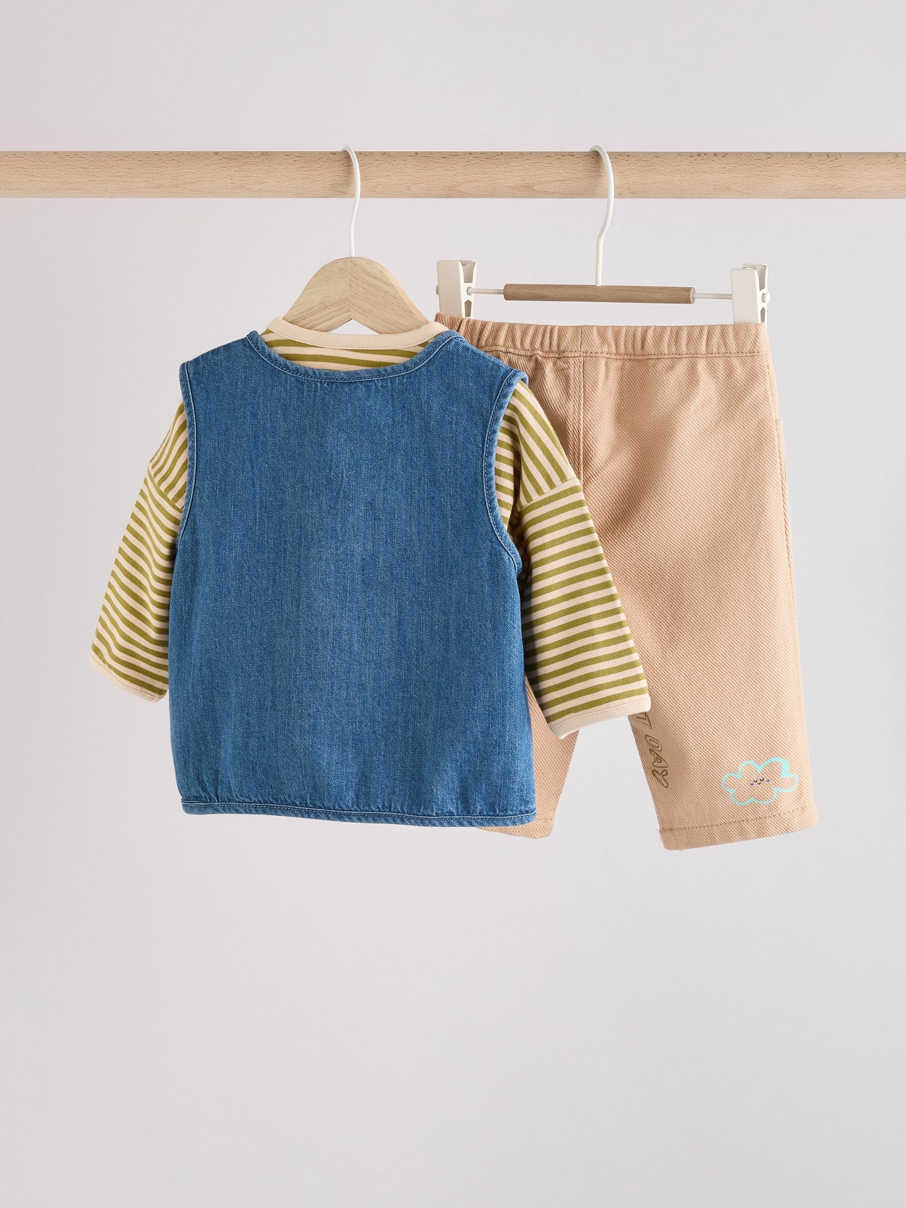 Neutral Denim 100% Cotton Baby Gilet and Trousers Set 3 Piece (0mths-2yrs)