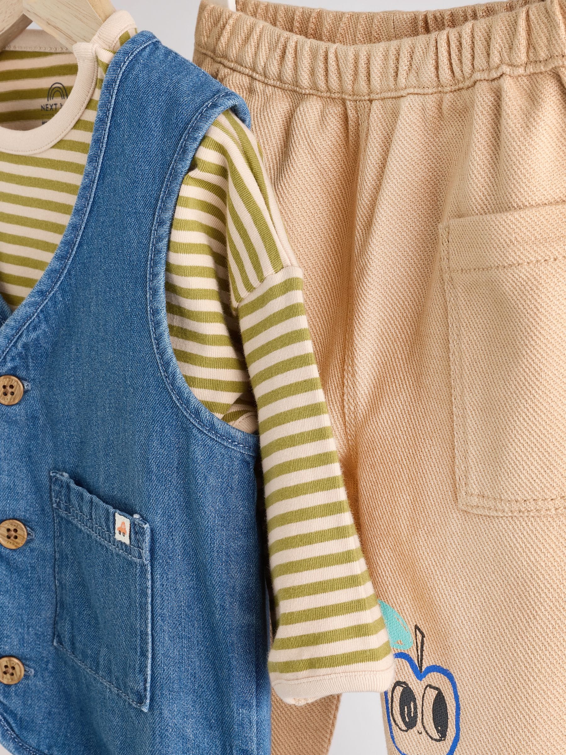 Neutral Denim 100% Cotton Baby Gilet and Trousers Set 3 Piece (0mths-2yrs)