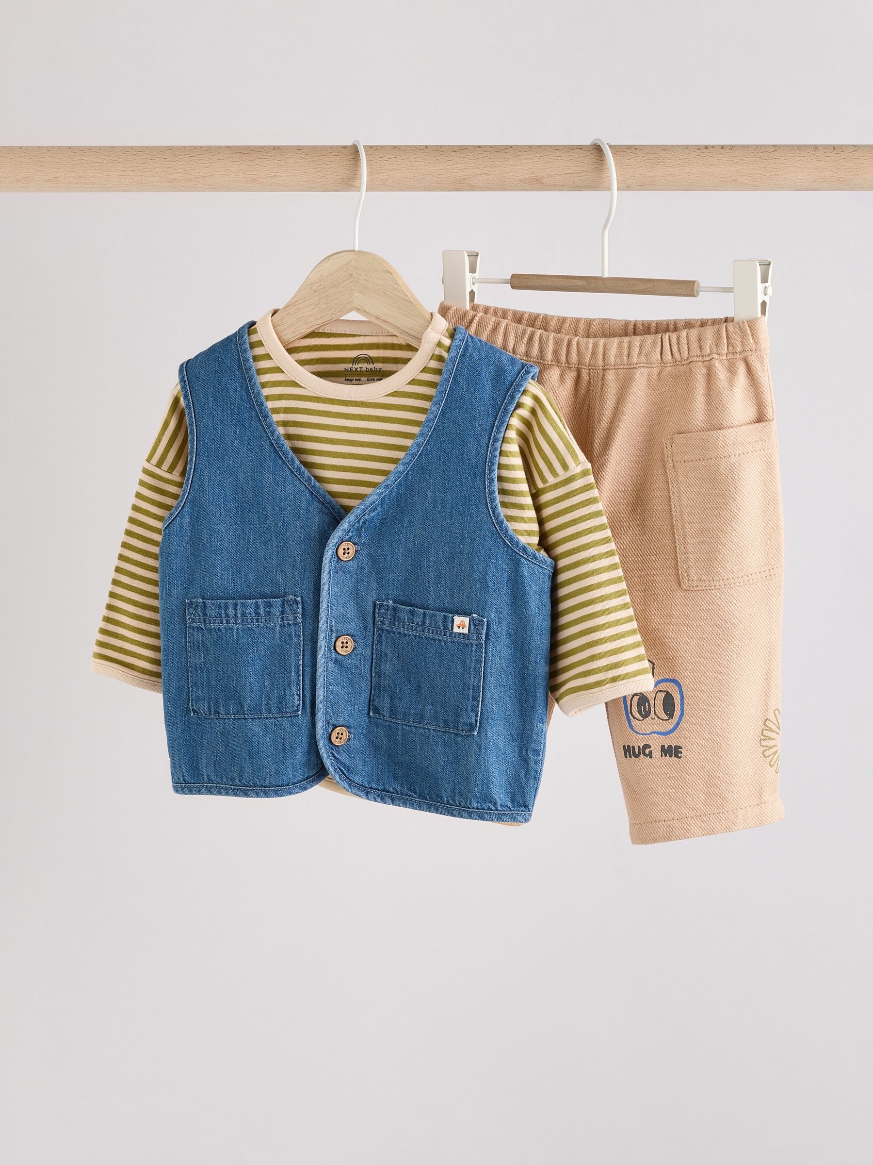 Neutral Denim 100% Cotton Baby Gilet and Trousers Set 3 Piece (0mths-2yrs)