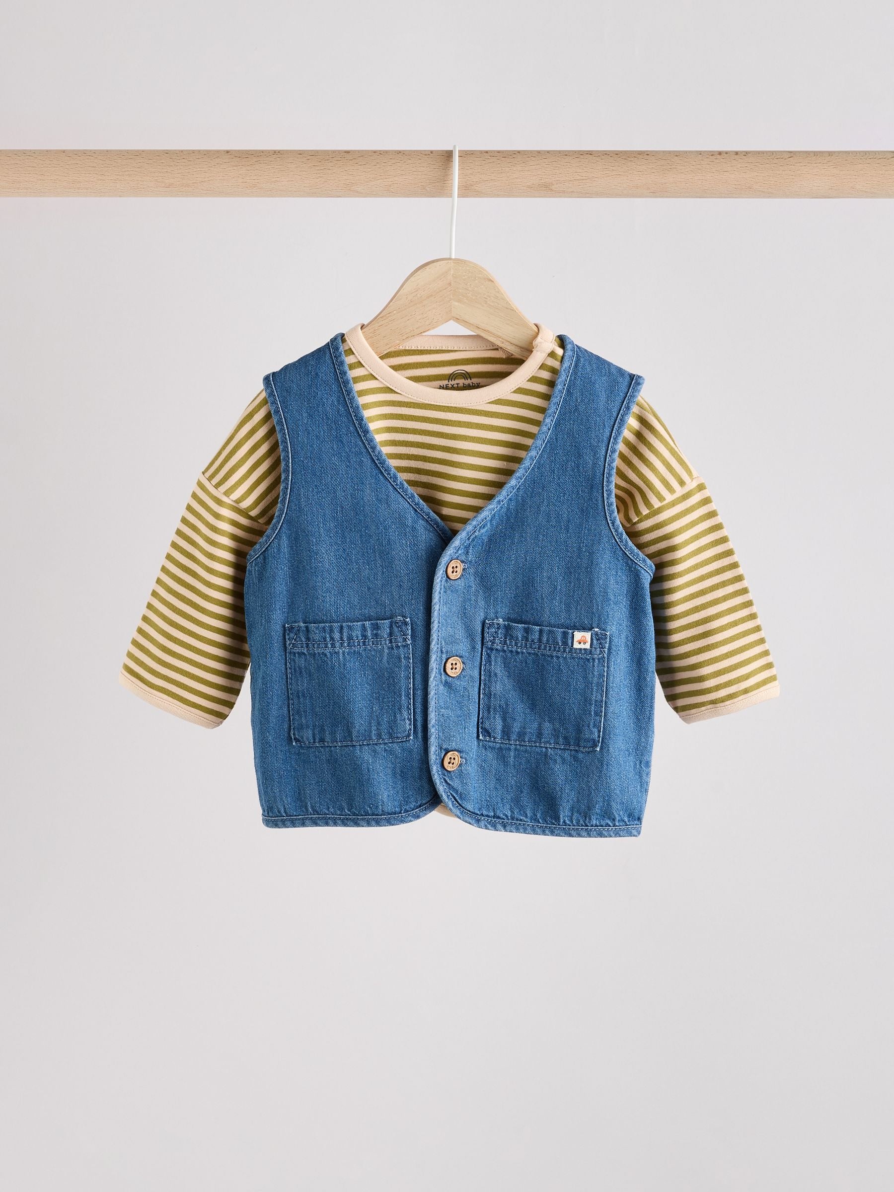 Neutral Denim 100% Cotton Baby Gilet and Trousers Set 3 Piece (0mths-2yrs)