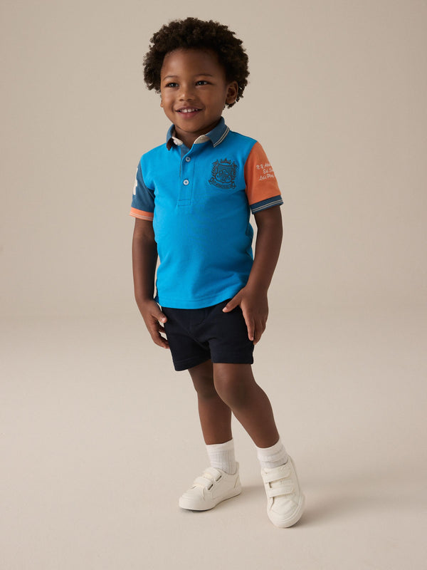 Blue/Orange 100% Cotton Short Sleeve Polo Shirt And Shorts Set (3mths-7yrs)