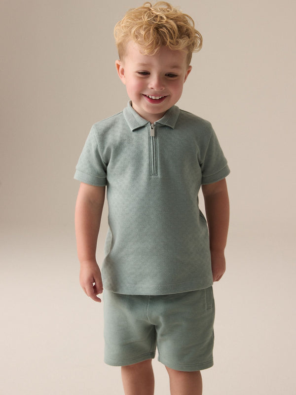 Sage Green Texture Short Sleeve Zip Neck 100% Cotton Polo And Shorts Set (3mths-7yrs)