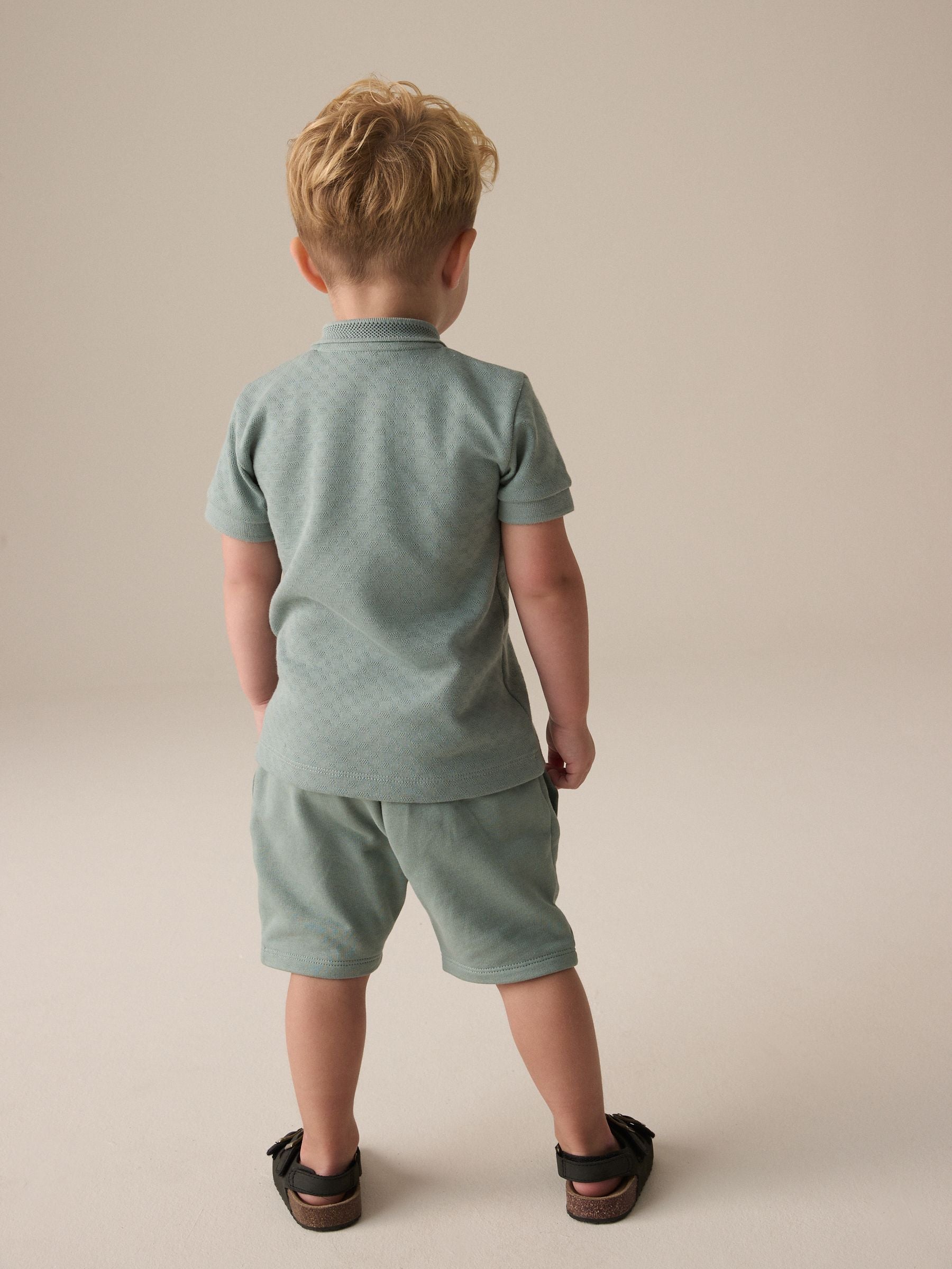 Sage Green Texture Short Sleeve Zip Neck 100% Cotton Polo And Shorts Set (3mths-7yrs)