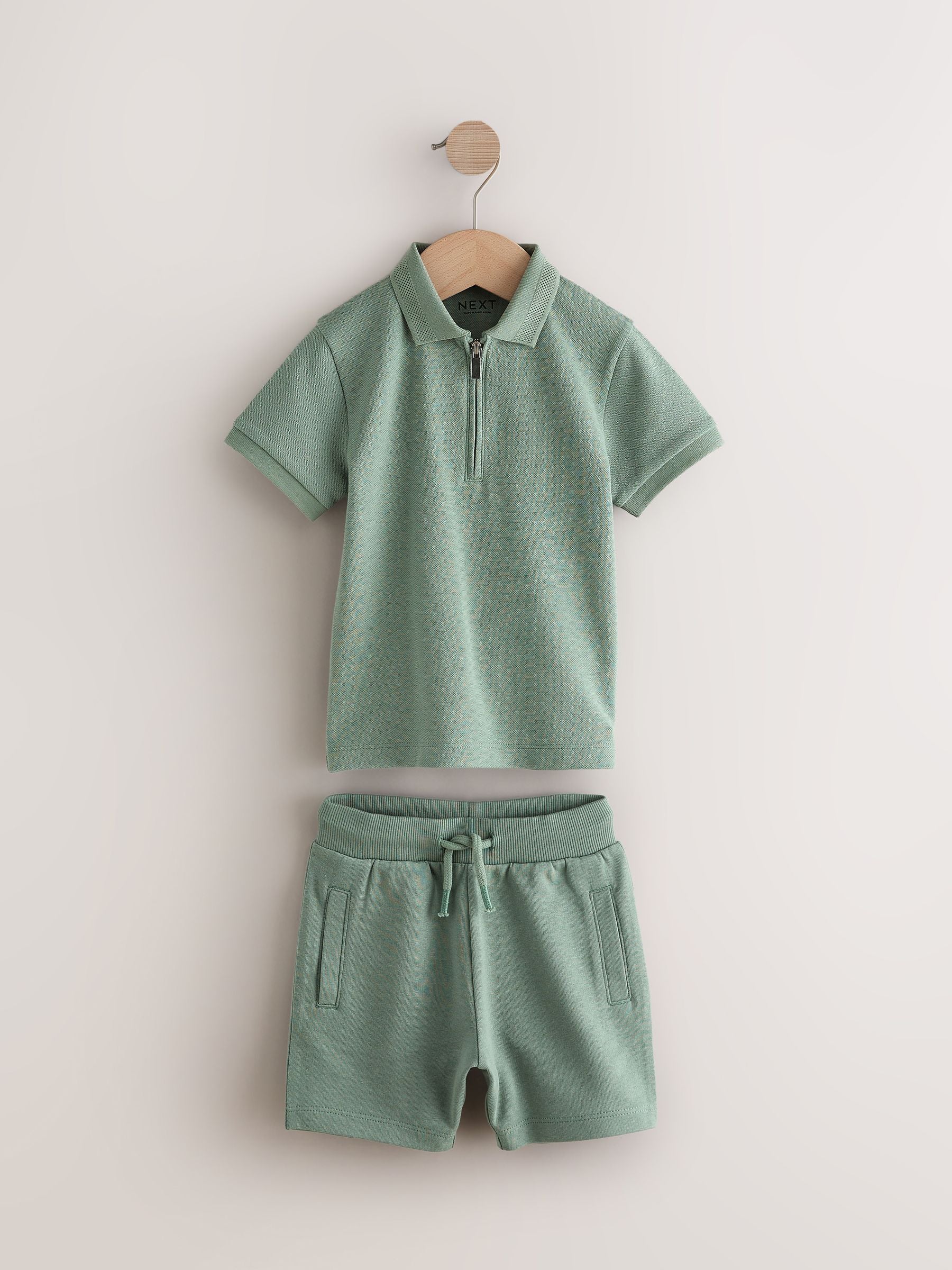 Sage Green Texture Short Sleeve Zip Neck 100% Cotton Polo And Shorts Set (3mths-7yrs)