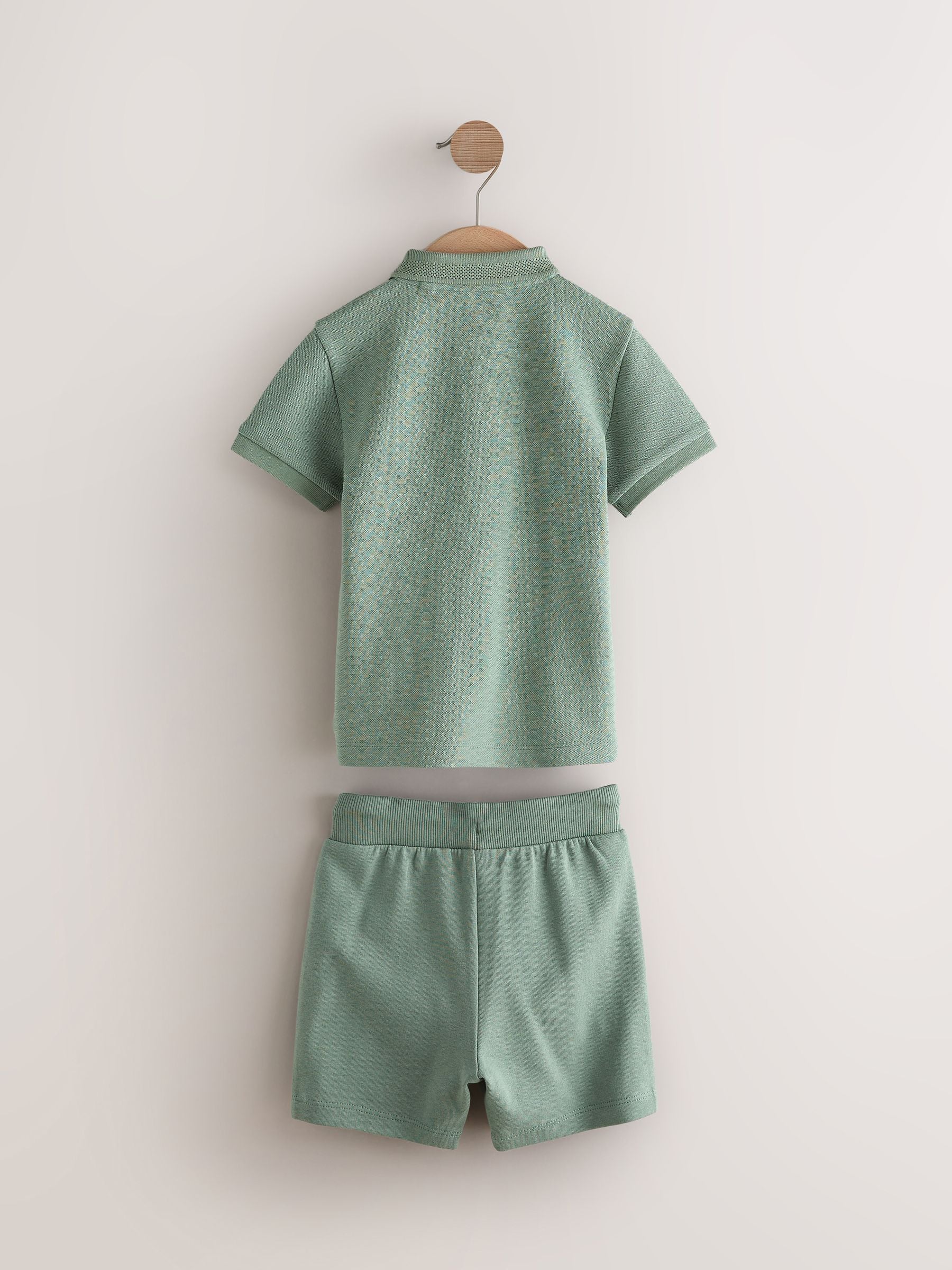 Sage Green Texture Short Sleeve Zip Neck 100% Cotton Polo And Shorts Set (3mths-7yrs)