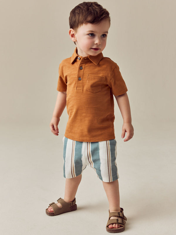 Rust Brown 100% Cotton Short Sleeve Polo Shirt & Stripe Shorts Set (3mths-7yrs)