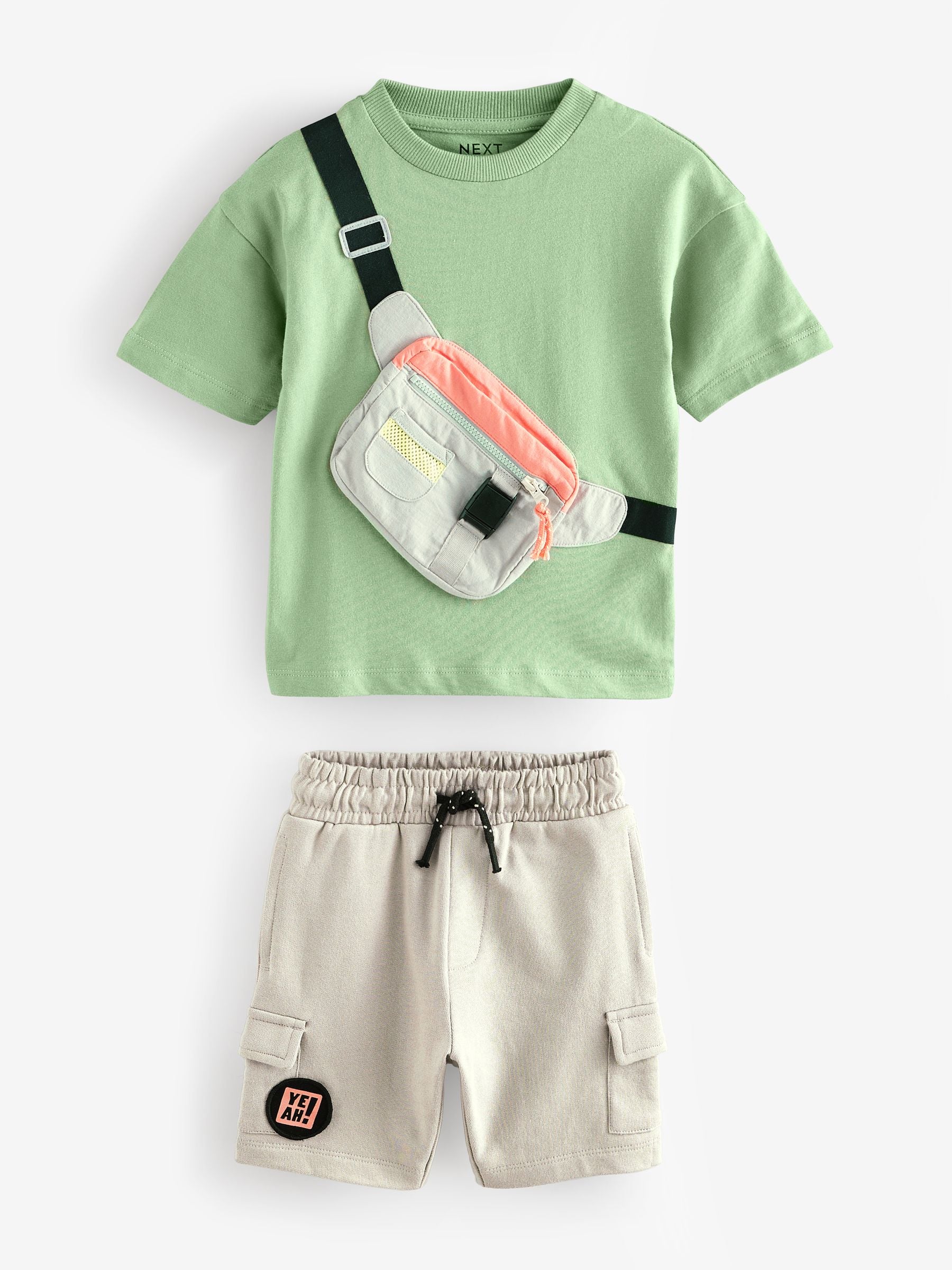 Khaki Green Short Sleeve 100% Cotton Bumbag T-Shirt & Shorts Set (3mths-7yrs)