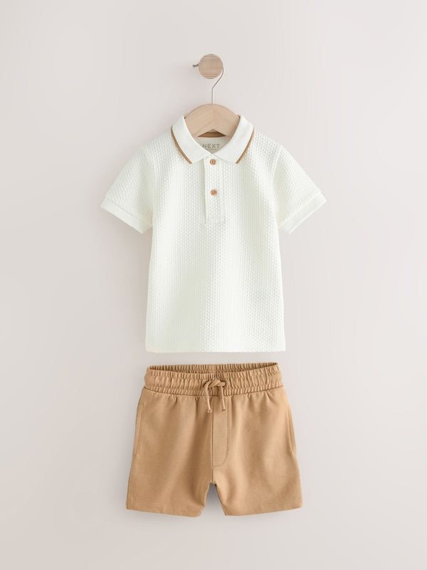 Tan/White Short Sleeve Textured 100% Cotton Polo Shirt and Shorts Set (3mths-7yrs)