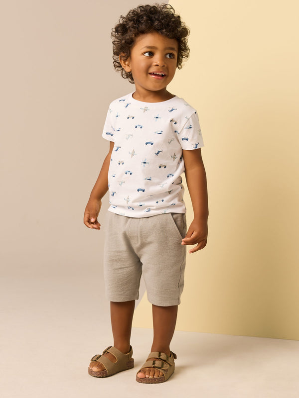 White Transport All-Over Print 100% Cotton T-Shirt & Shorts Set (3mths-7yrs)