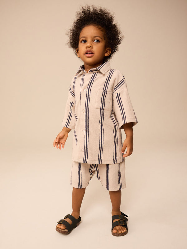 Neutral Striped Short Sleeve 100% Cotton Shirt & Shorts Set (3mths-7yrs)