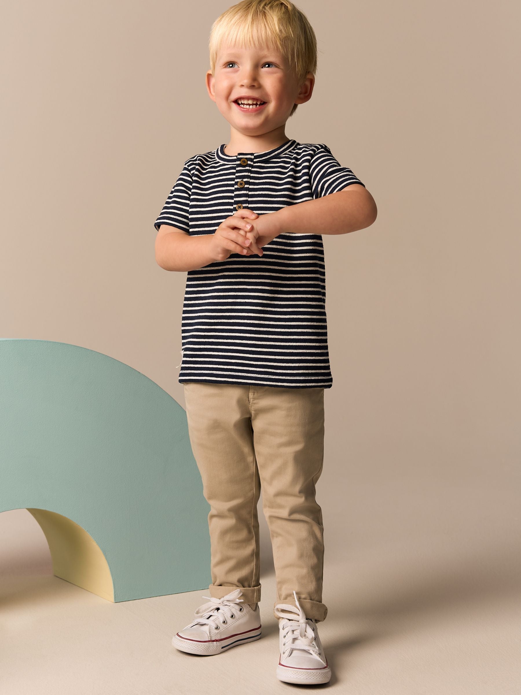 White/Navy Stripe Short Sleeve Henley Neck T-Shirt (3mths-7yrs)