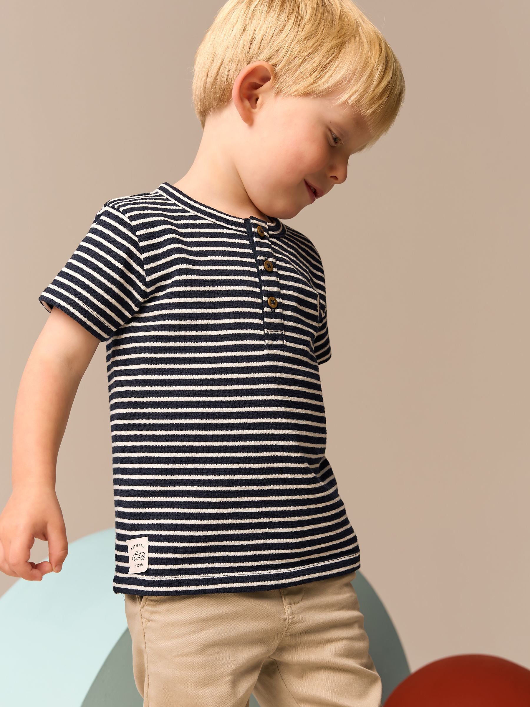 White/Navy Stripe Short Sleeve Henley Neck T-Shirt (3mths-7yrs)