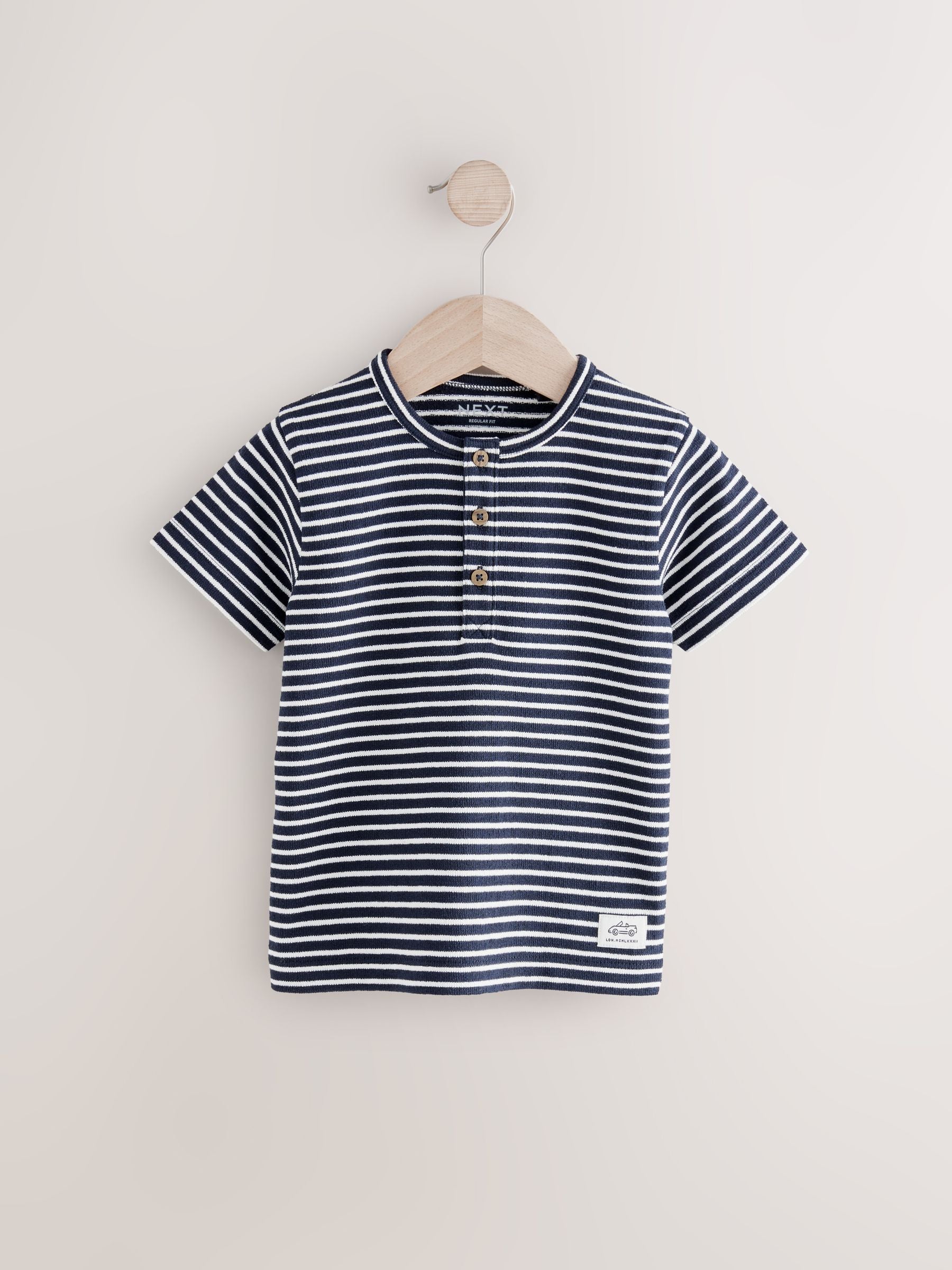 White/Navy Stripe Short Sleeve Henley Neck T-Shirt (3mths-7yrs)