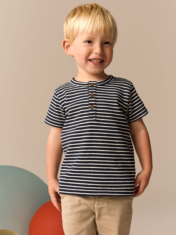 White/Navy Stripe Short Sleeve Henley Neck T-Shirt (3mths-7yrs)