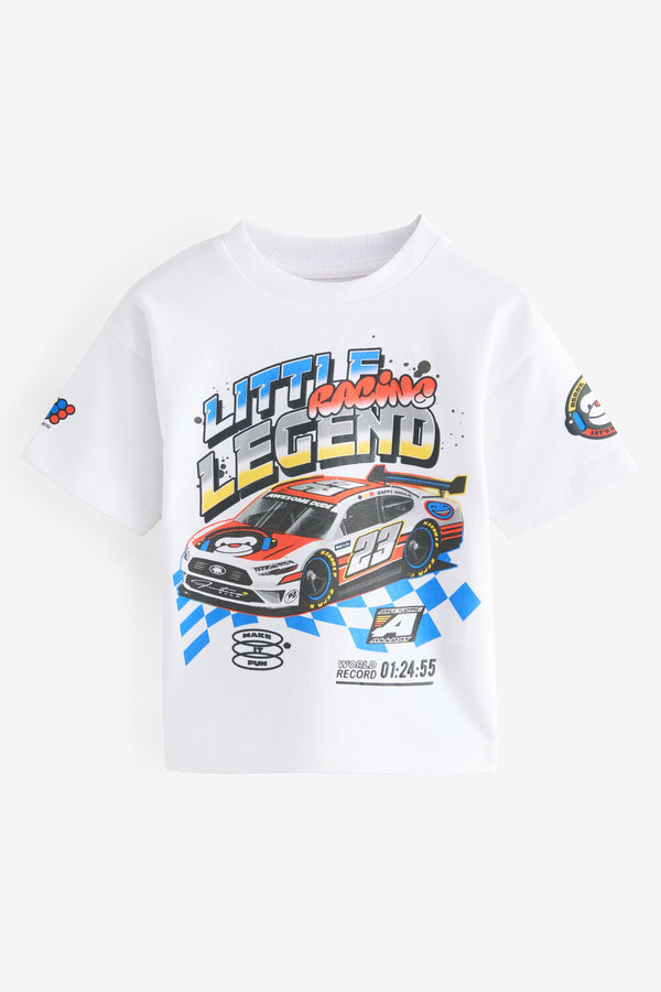 White Racecar 100% Cotton Short Sleeve Transport T-Shirt (3mths-7yrs)