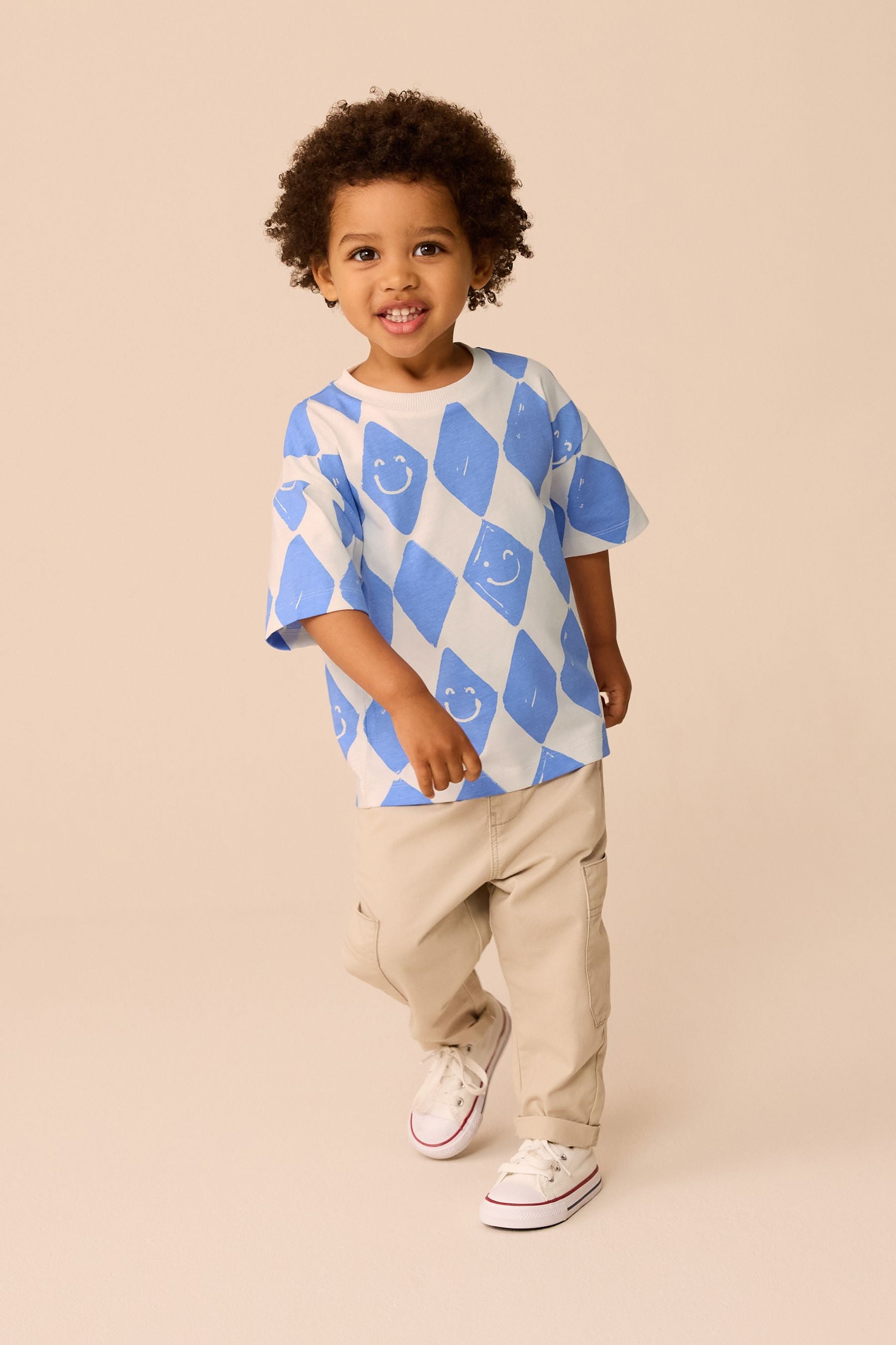 Blue Harlequin Check Short Sleeve All-Over Print 100% Cotton T-Shirt (3mths-7yrs)