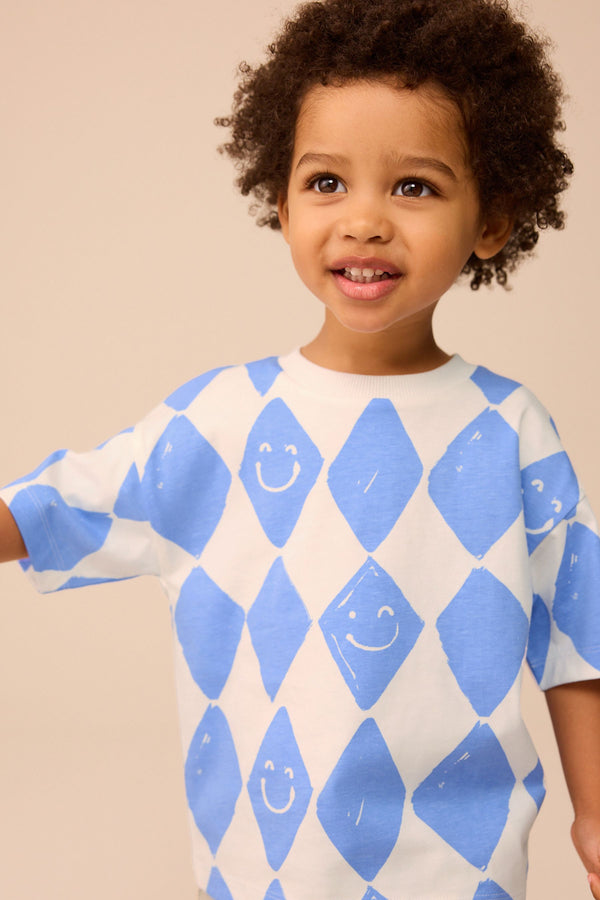 Blue Harlequin Check Short Sleeve All-Over Print 100% Cotton T-Shirt (3mths-7yrs)