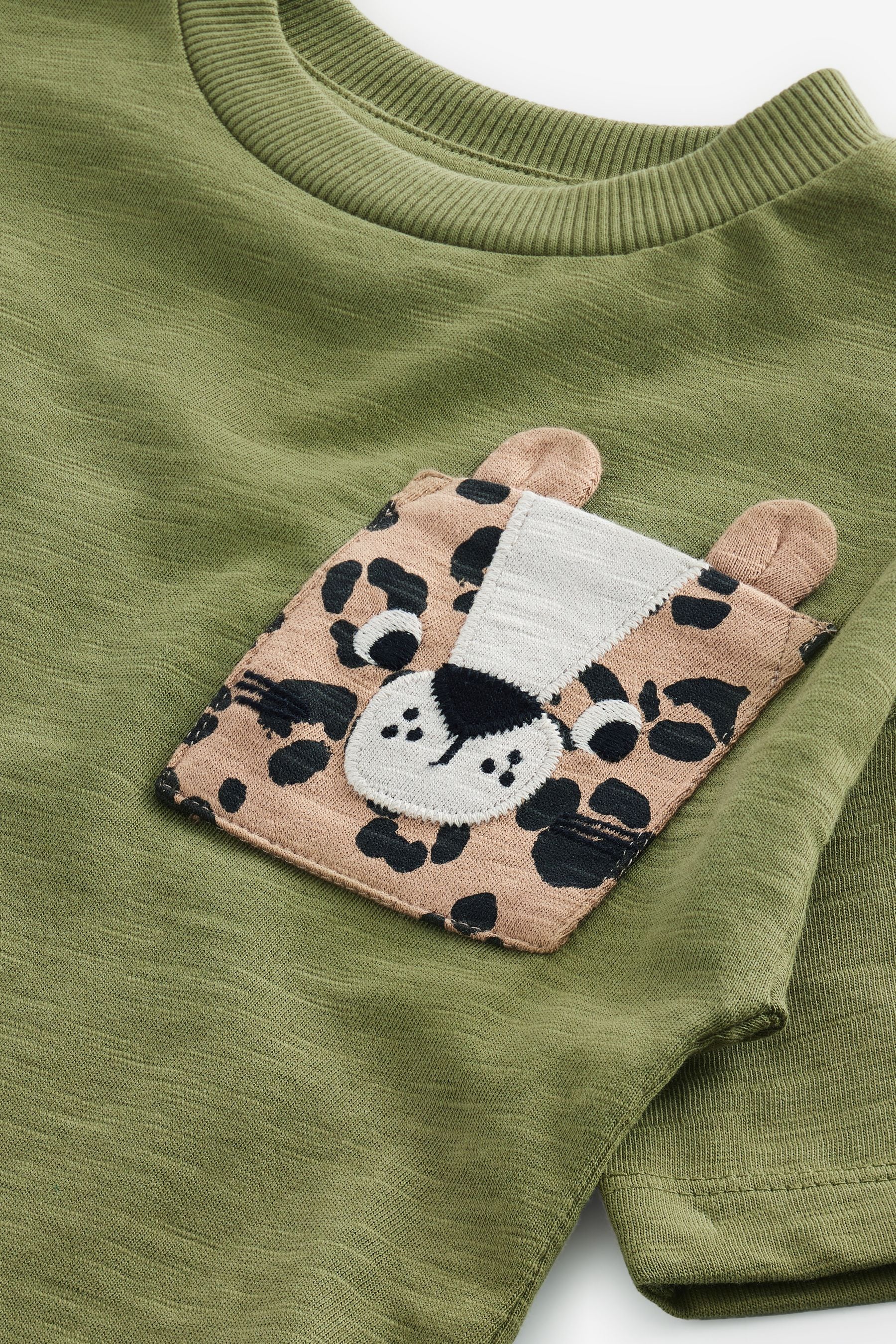 Khaki Green Cheetah Pocket Short Sleeve Pocket Character 100% Cotton T-Shirt (3mths-7yrs)