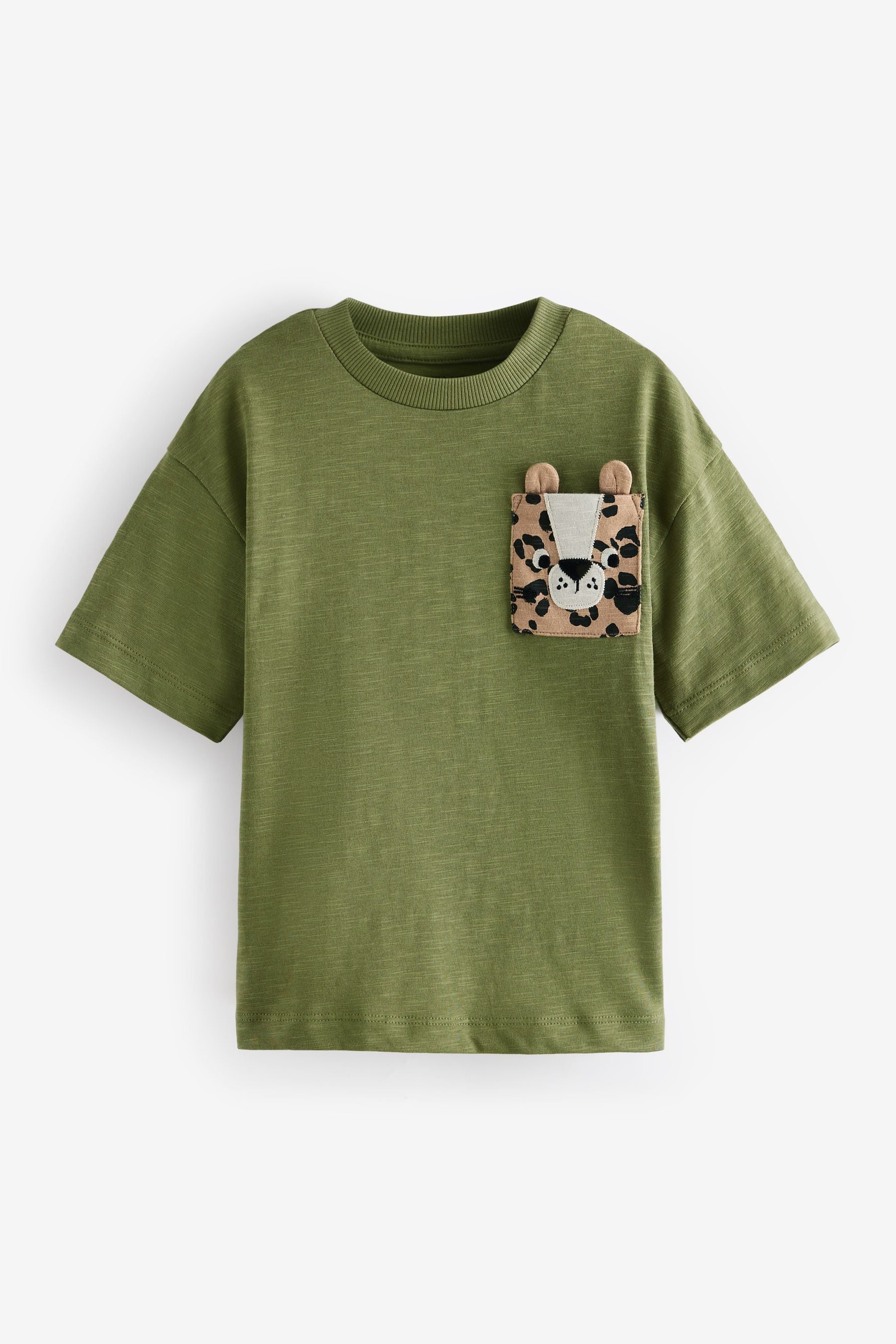 Khaki Green Cheetah Pocket Short Sleeve Pocket Character 100% Cotton T-Shirt (3mths-7yrs)