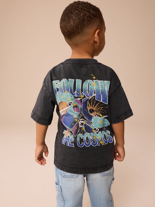 Acid Wash Black Short Sleeve Back Print 100% Cotton T-Shirt (3mths-7yrs)