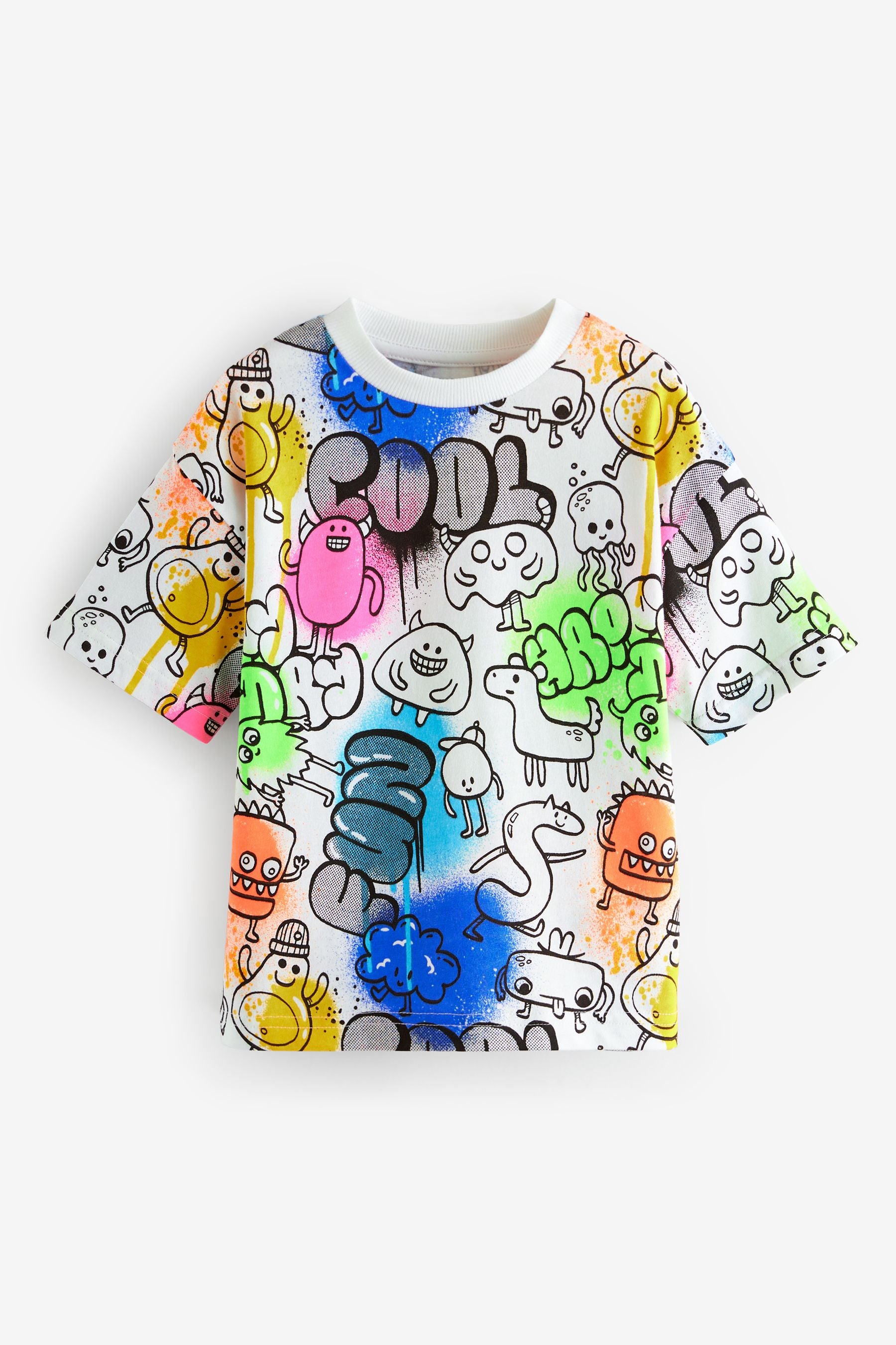 White Short Sleeve 100% Cotton Graffiti T-Shirt (3mths-7yrs)