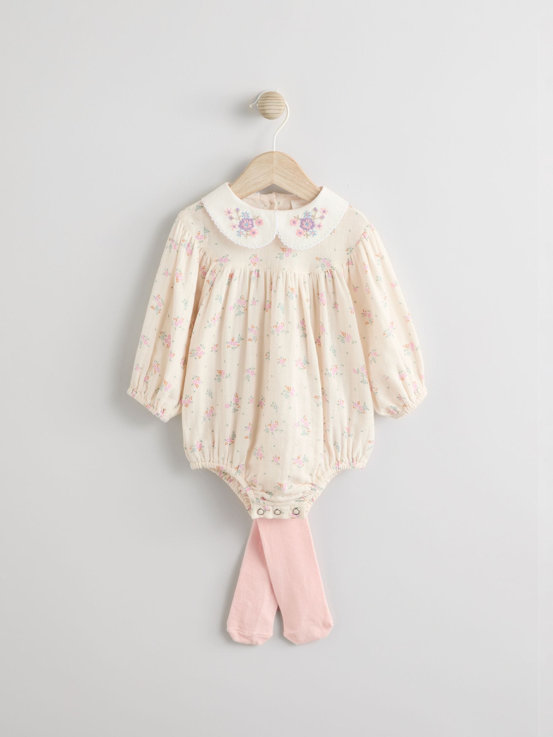 Ecru Floral Embroidered Baby Bloomer 100% Cotton Romper (0mths-2yrs)