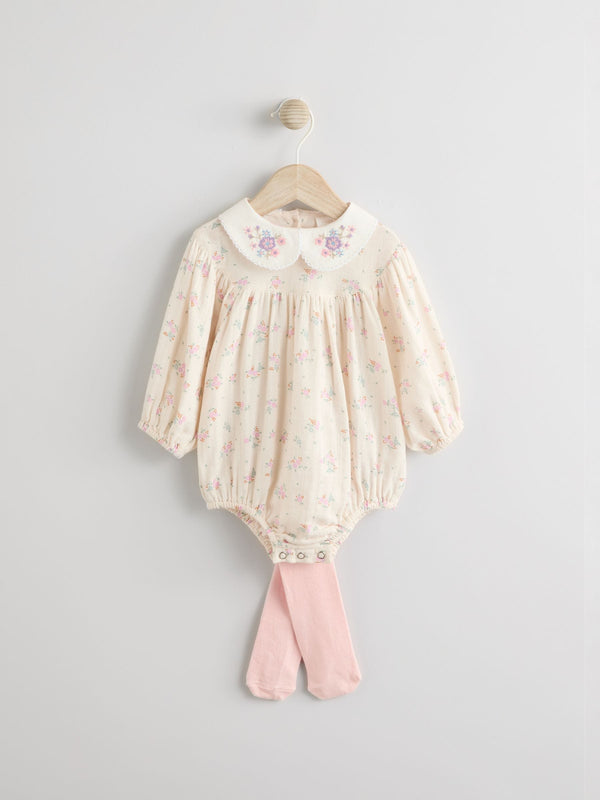 Ecru Floral Embroidered Baby Bloomer 100% Cotton Romper (0mths-2yrs)