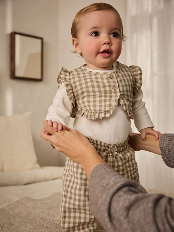 Green Gingham 3 Piece Baby Long Sleeve Bodysuit, Trousers & Gilet Set (0mths-2yrs)