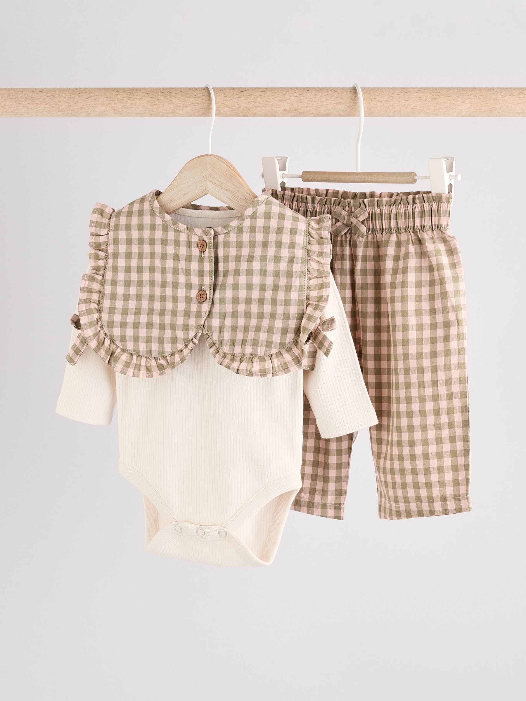 Green Gingham 3 Piece Baby Long Sleeve Bodysuit, Trousers & Gilet Set (0mths-2yrs)