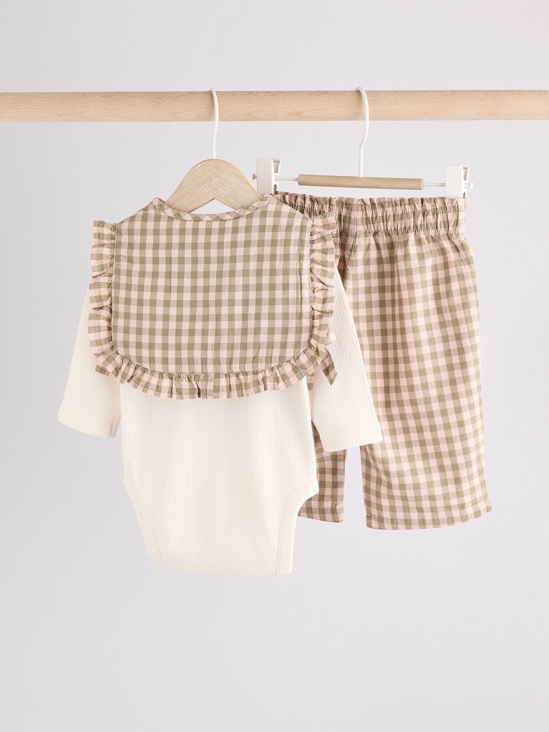 Green Gingham 3 Piece Baby Long Sleeve Bodysuit, Trousers & Gilet Set (0mths-2yrs)