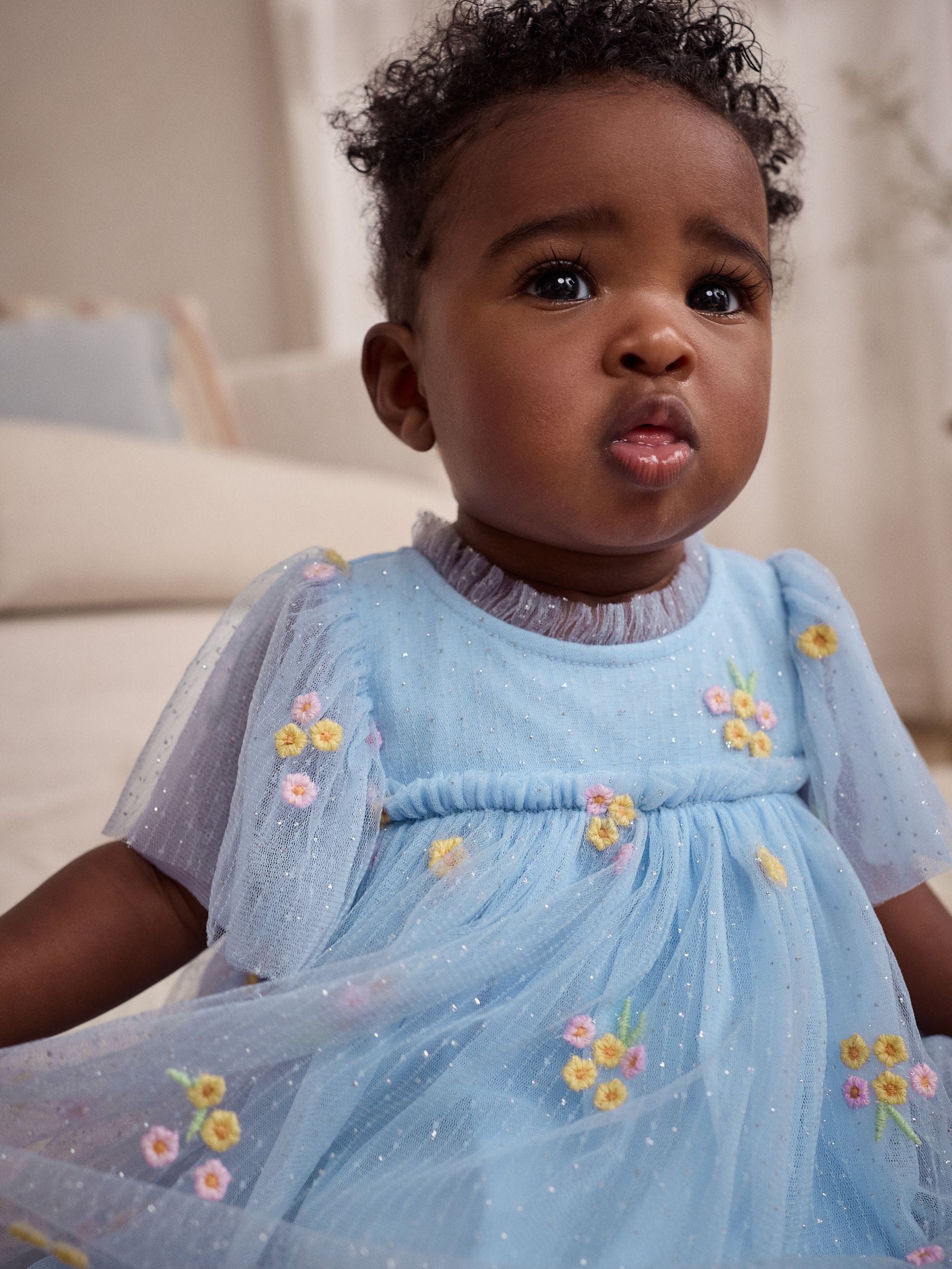 Blue Embroidered Flower Mesh Baby Dress (0mths-2yrs)