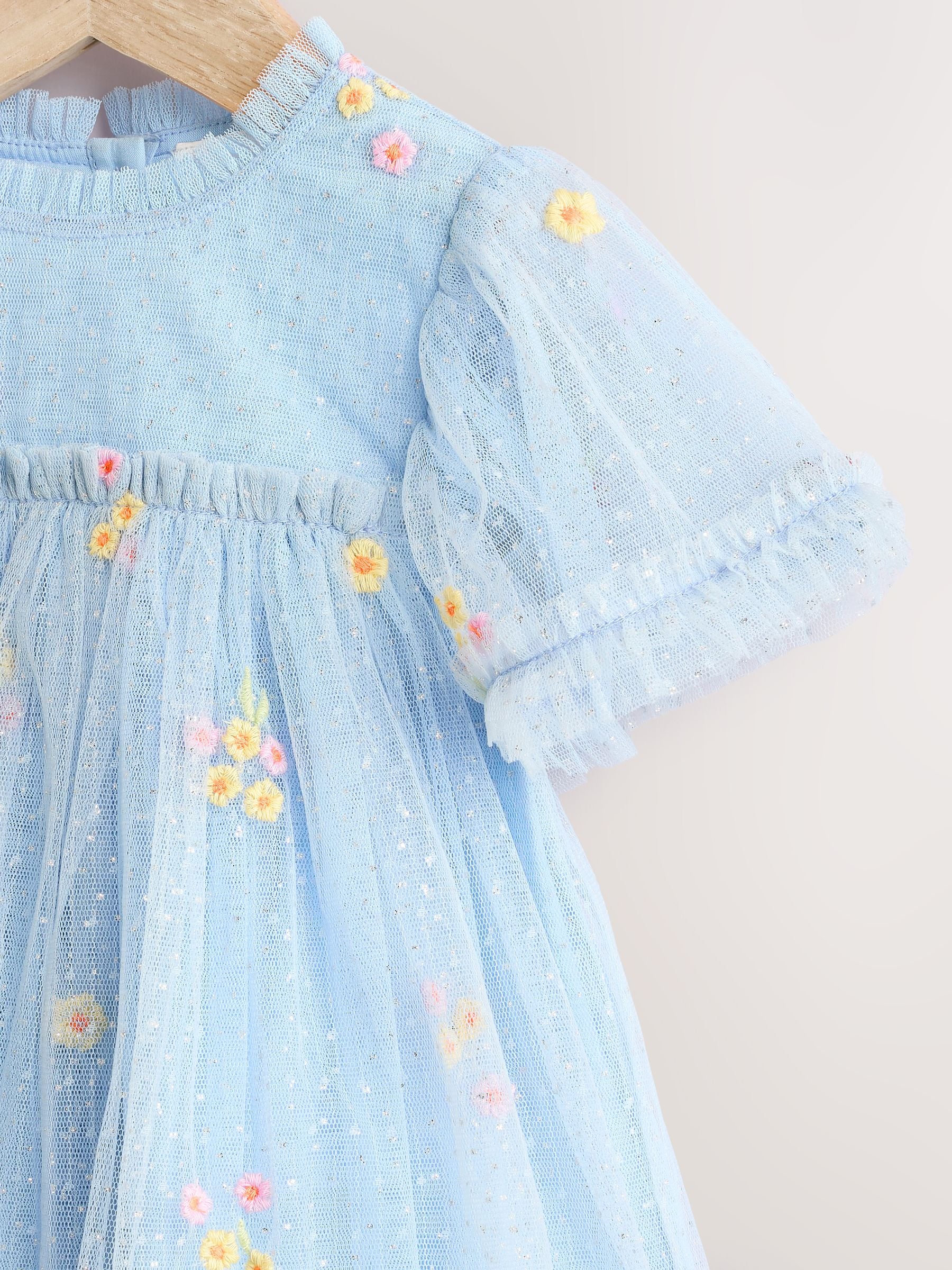 Blue Embroidered Flower Mesh Baby Dress (0mths-2yrs)