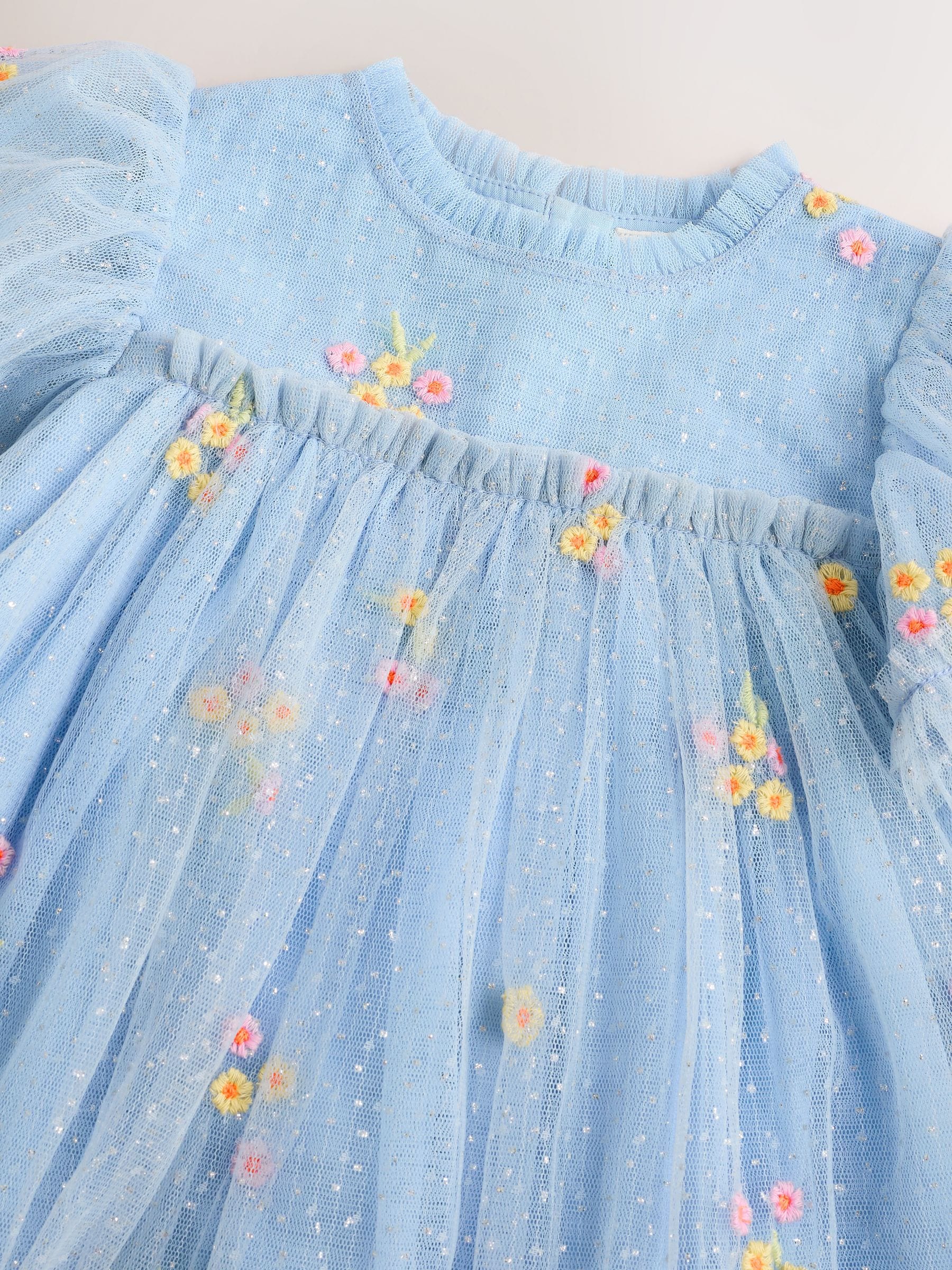 Blue Embroidered Flower Mesh Baby Dress (0mths-2yrs)