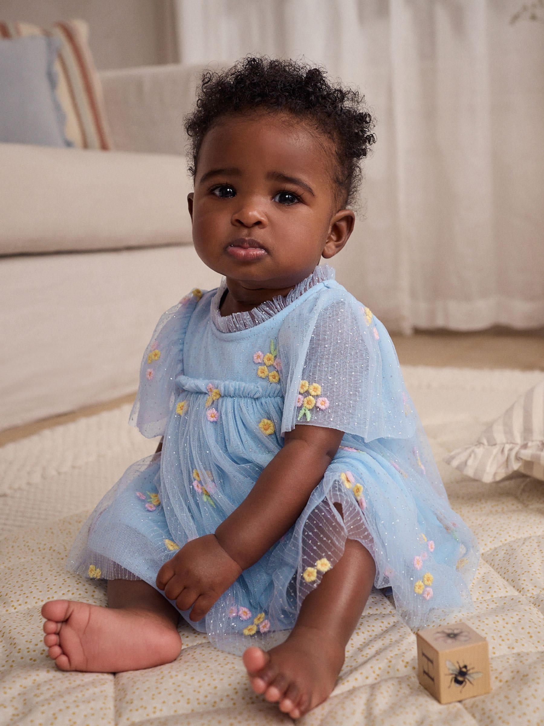 Blue Embroidered Flower Mesh Baby Dress (0mths-2yrs)