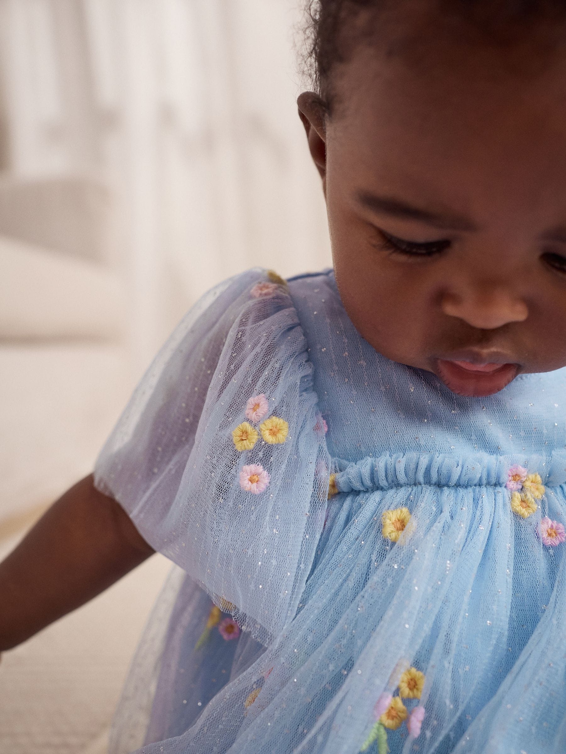 Blue Embroidered Flower Mesh Baby Dress (0mths-2yrs)