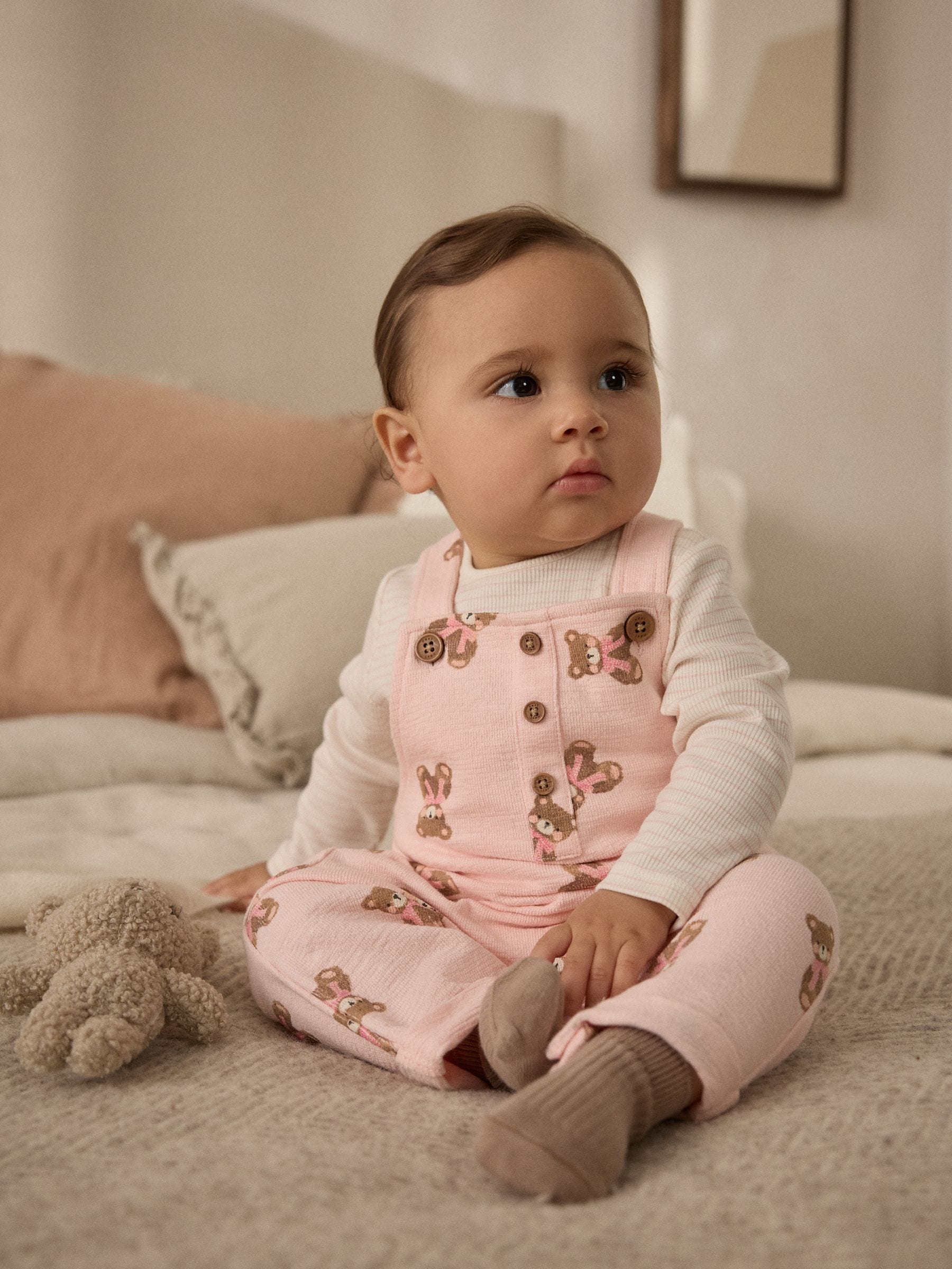 Pink Bear Print Long Sleeve Bodysuit & Baby Dungarees Set (0mths-3yrs)