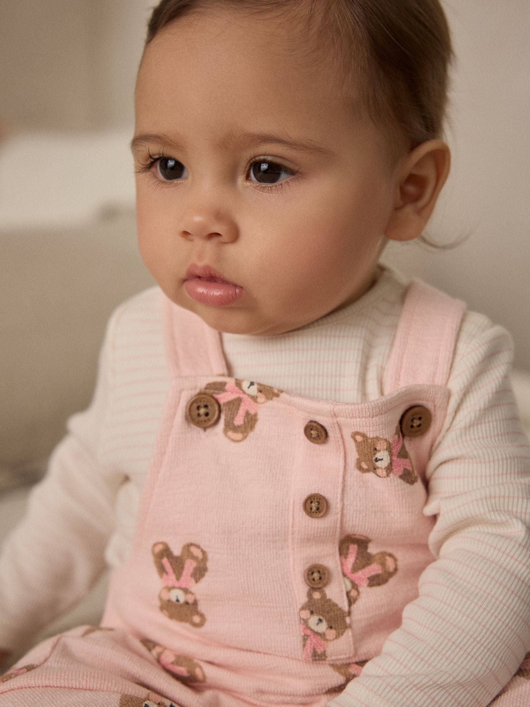 Pink Bear Print Long Sleeve Bodysuit & Baby Dungarees Set (0mths-3yrs)