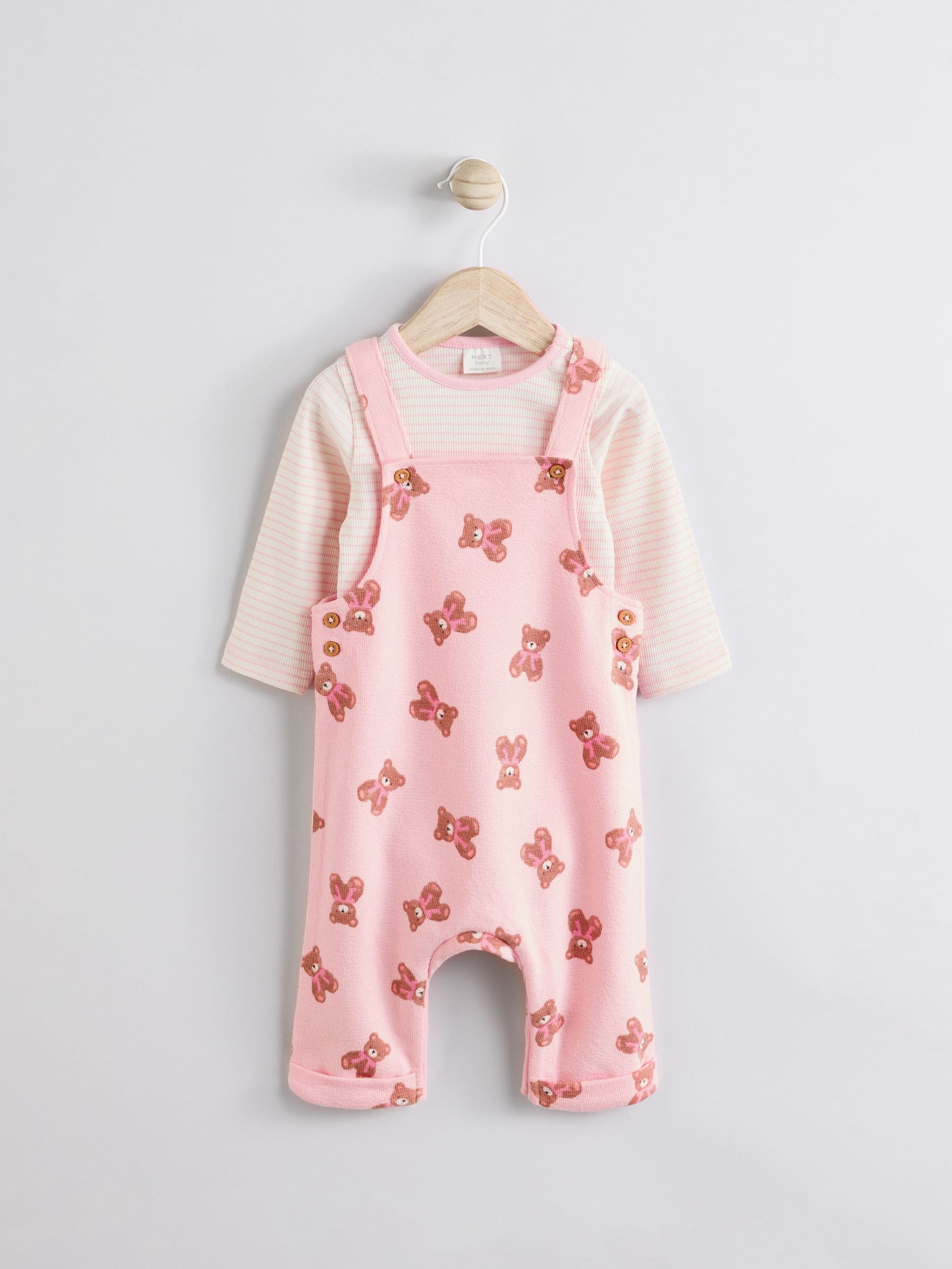 Pink Bear Print Long Sleeve Bodysuit & Baby Dungarees Set (0mths-3yrs)